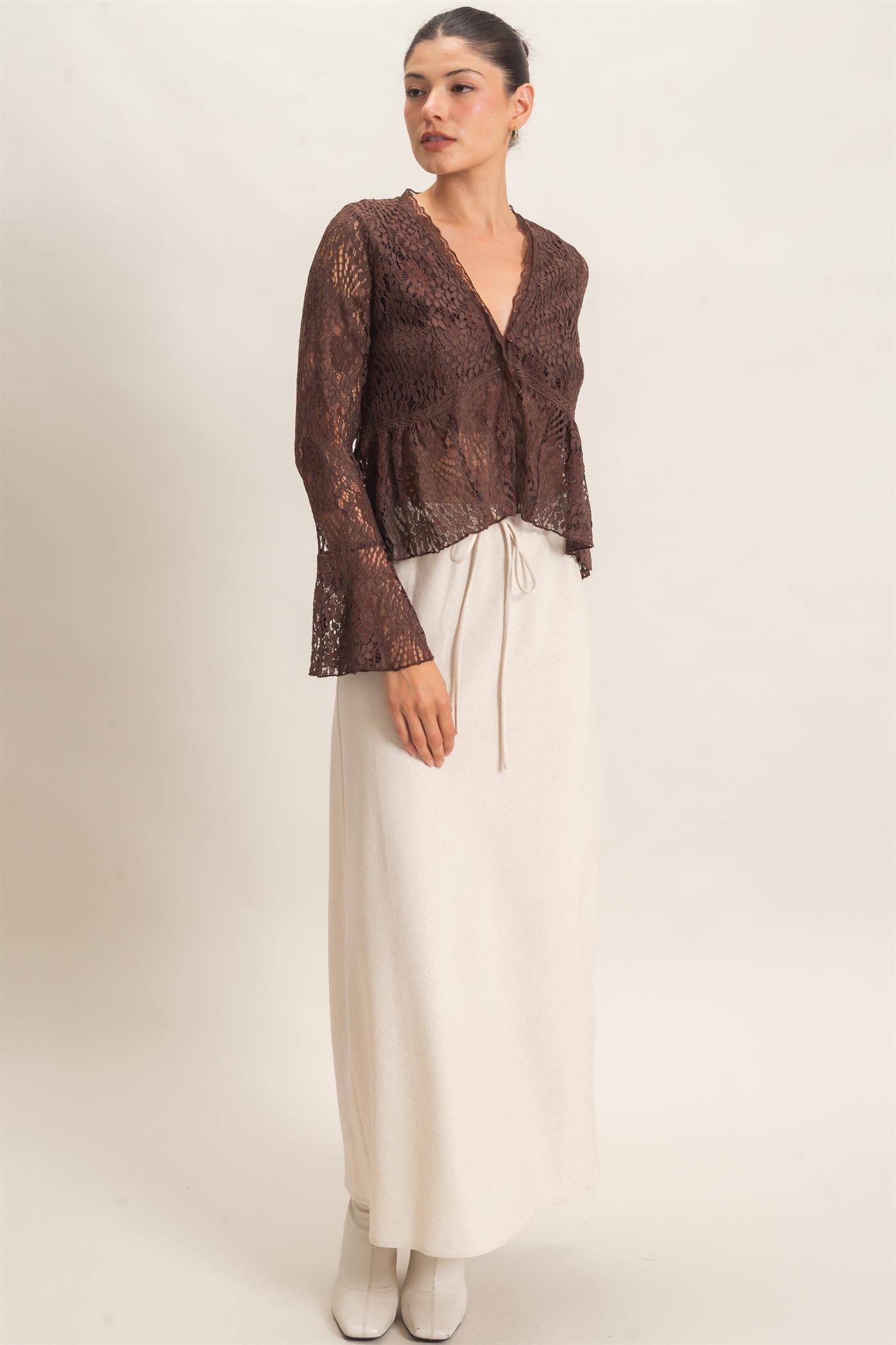 Wholesale Lace V-Neck Peplum Top Clothing Tops HF26E560 BROWN HYFVE