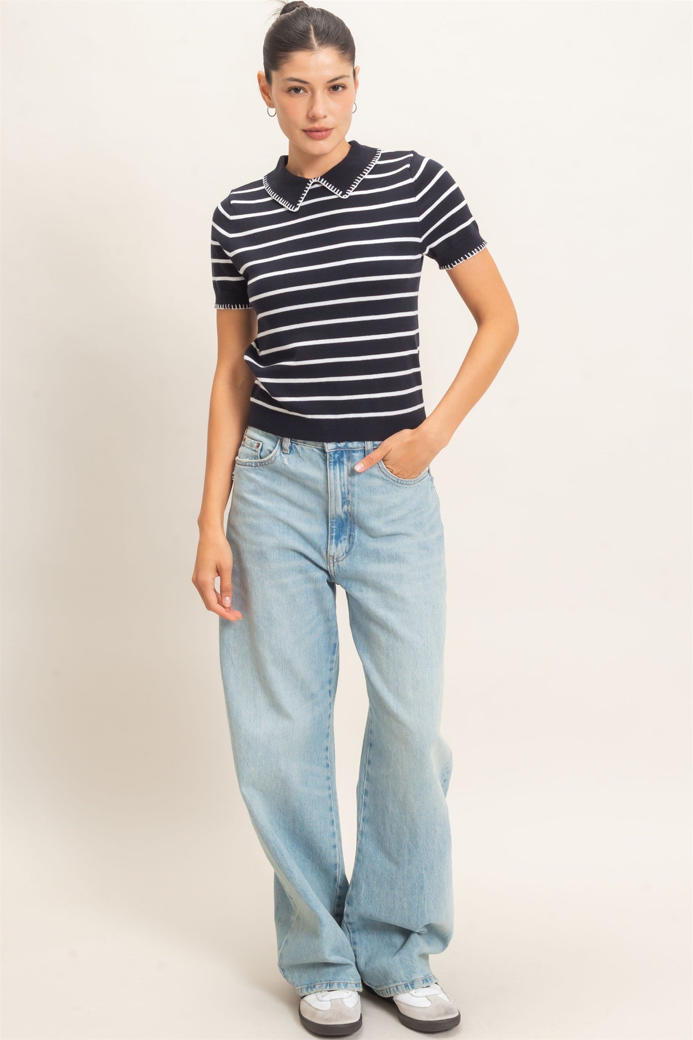 Wholesale Striped Polo Collar Sweater Sweaters HF26E233 NAVY HYFVE