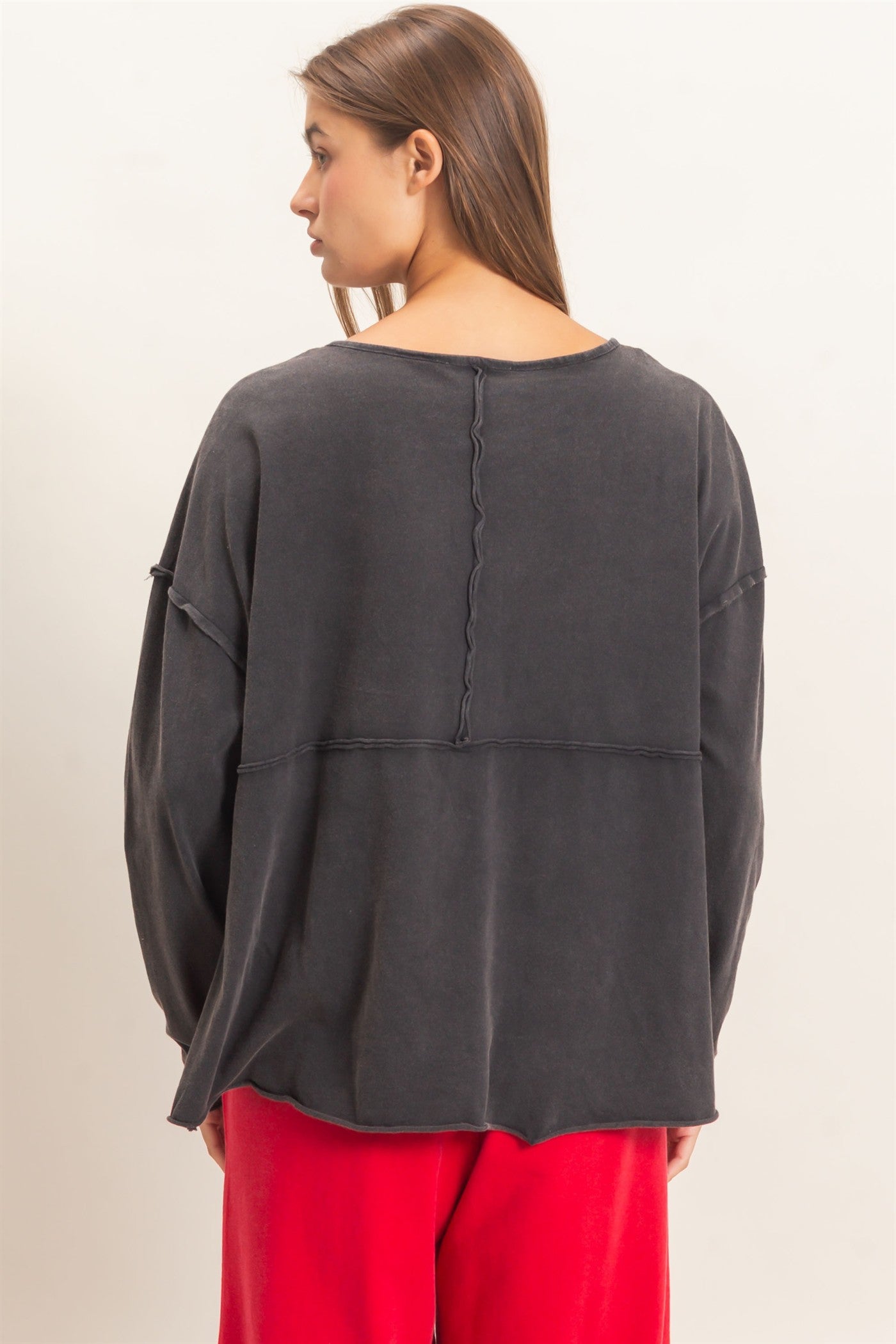 Wholesale Oversized Henley Top With Raw Edges Clothing Tops DZ26F128 BLACK DOUBLE ZERO