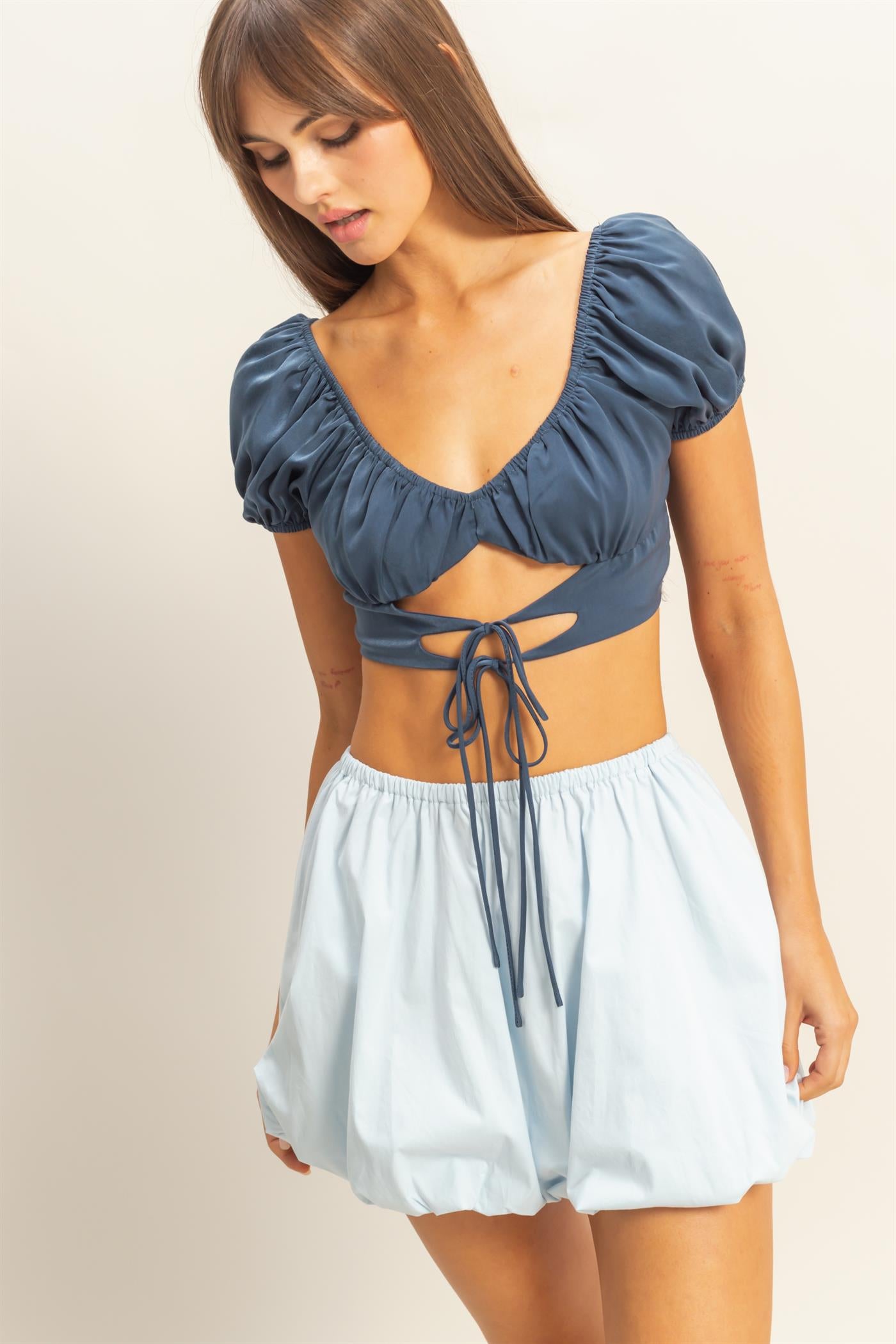 Wholesale Too Chic Cutout Crop Top Clothing Tops HF22C786 NAVY HYFVE