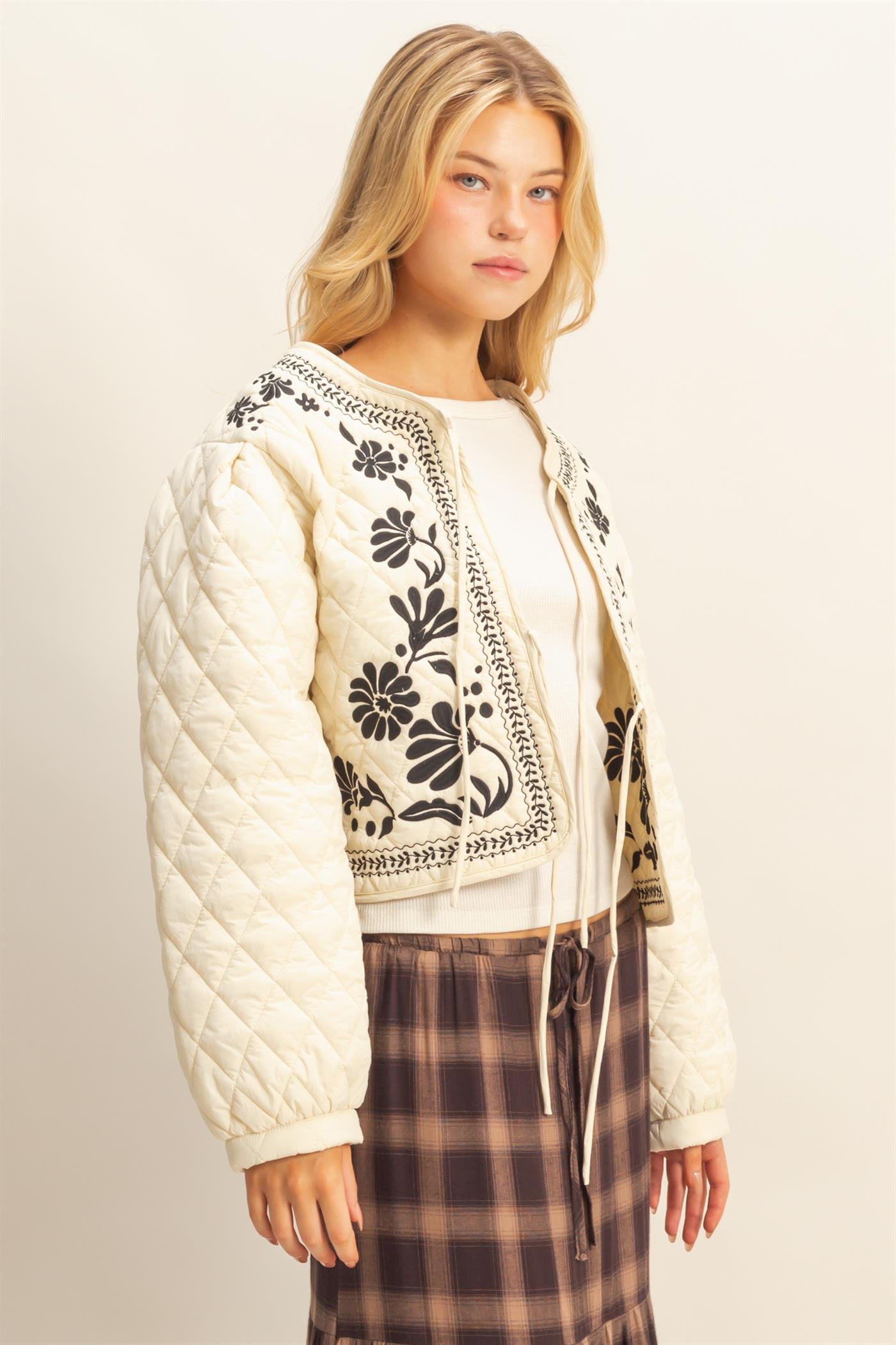 Wholesale Quilted Floral Embroidered Padding Jacket Coats & Jackets HF26A084 CREAM HYFVE