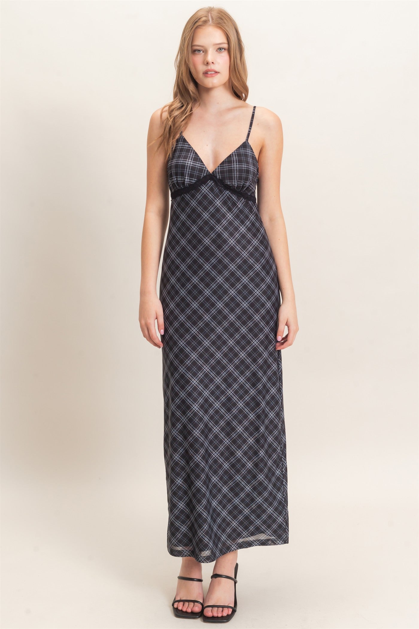 Wholesale Plaid Spaghetti Strap Midi Dress Dresses HF26E709 BLACK HYFVE