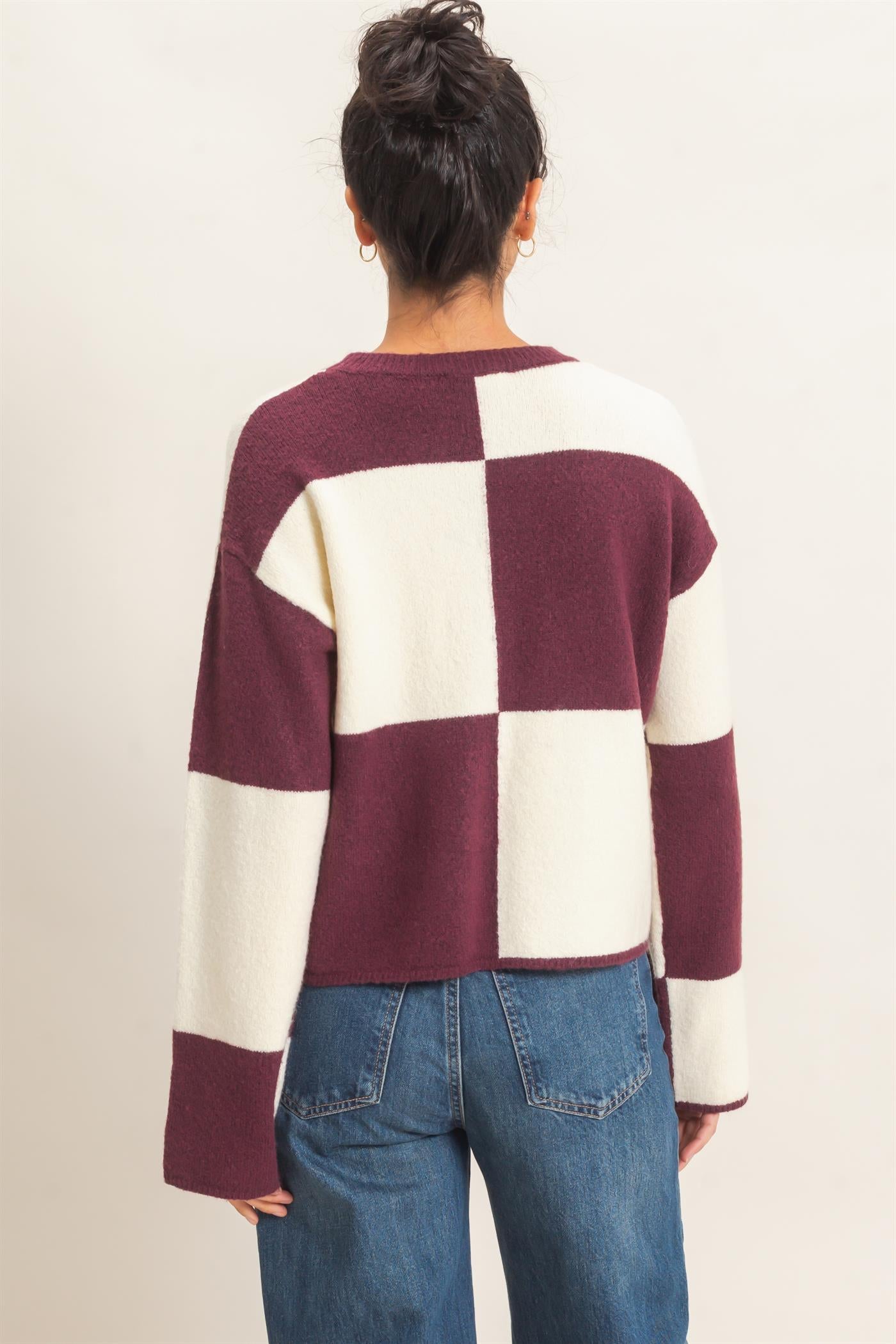 Wholesale Crew Neck Checkered Sweater Sweaters DZ26C980 DARK CHERRY DOUBLE ZERO