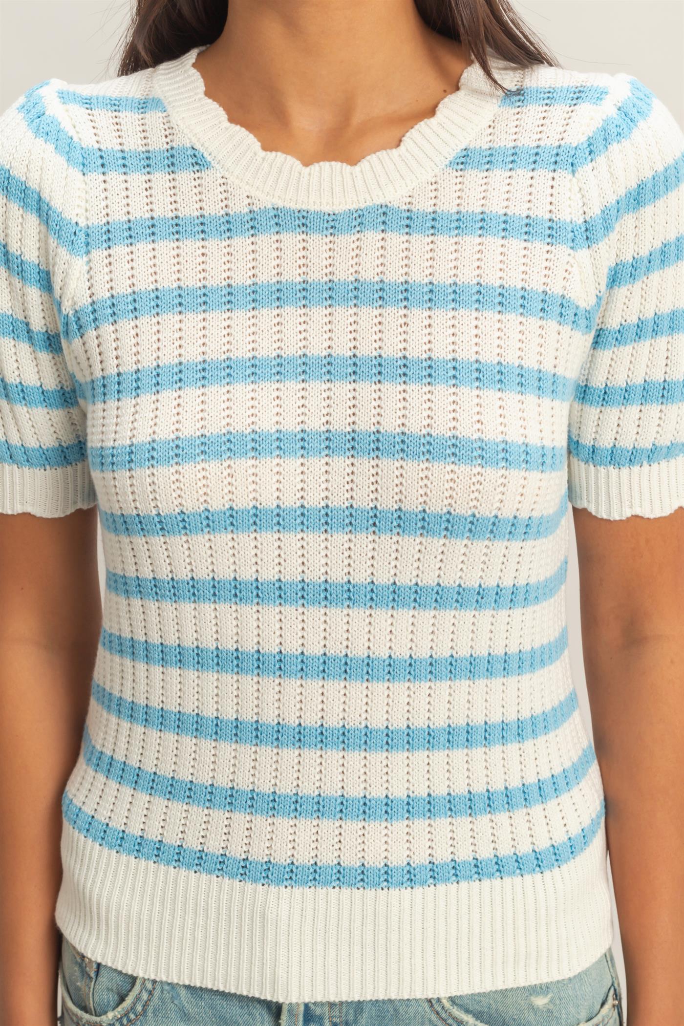 Wholesale Striped Scallop Edge Puff Sleeve Knit Top Shirts DZ26A284 BLUE DOUBLE ZERO