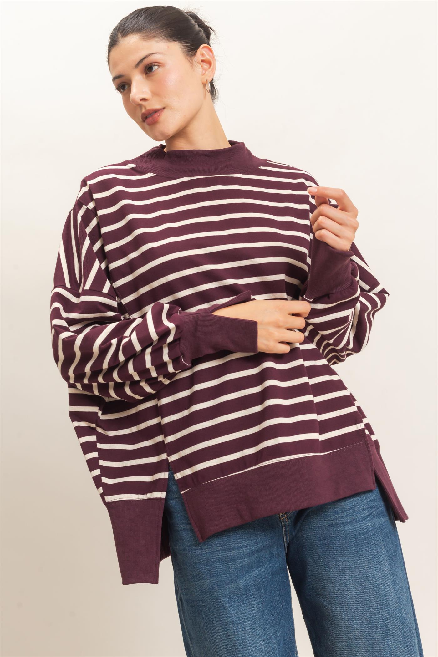 Wholesale Striped Mock Neck Sweatshirt Sweatshirts HF27A178-D RASPBERRY/ECRU HYFVE