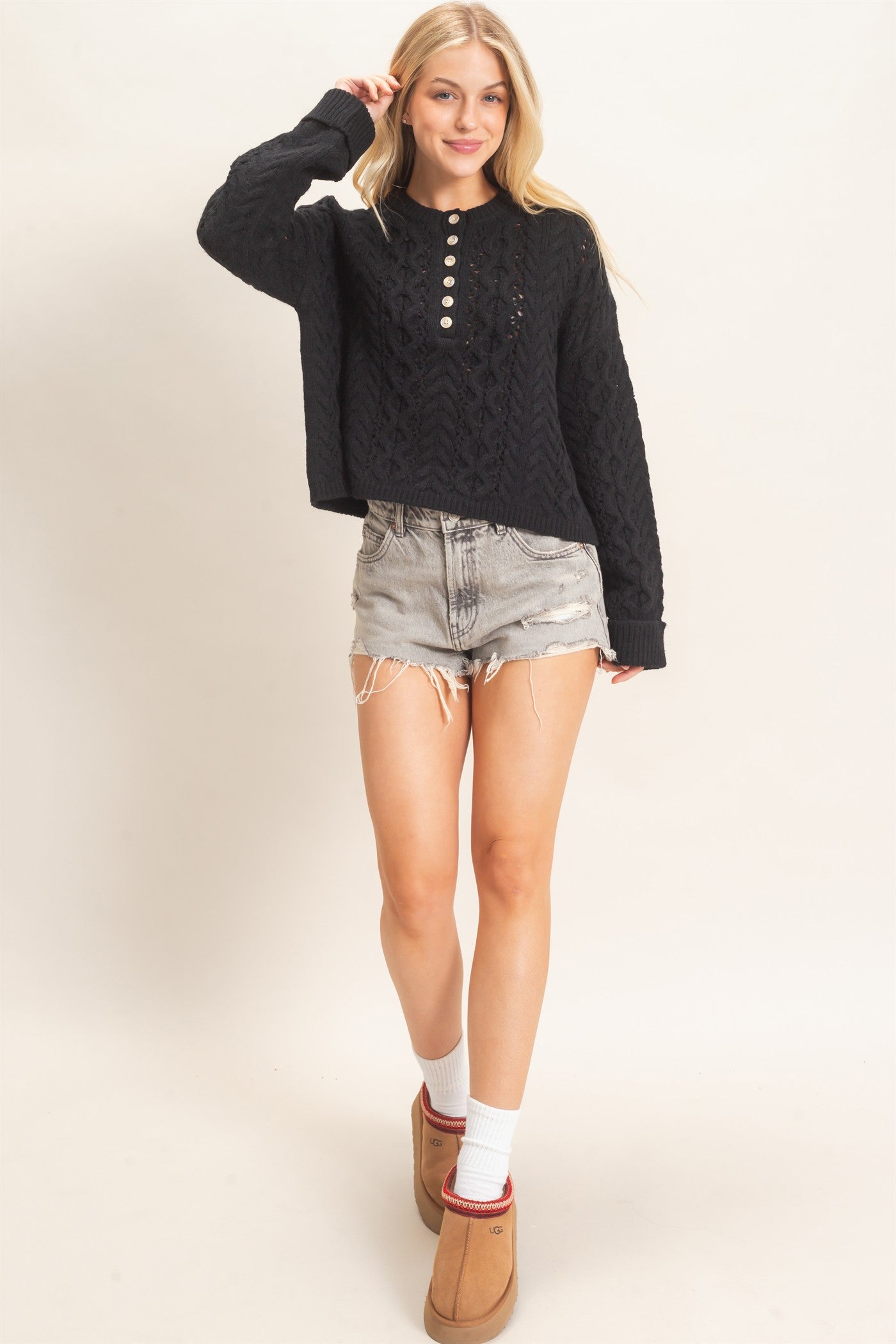 Wholesale Cable Knit Henley Sweaters HF26E552 BLACK HYFVE