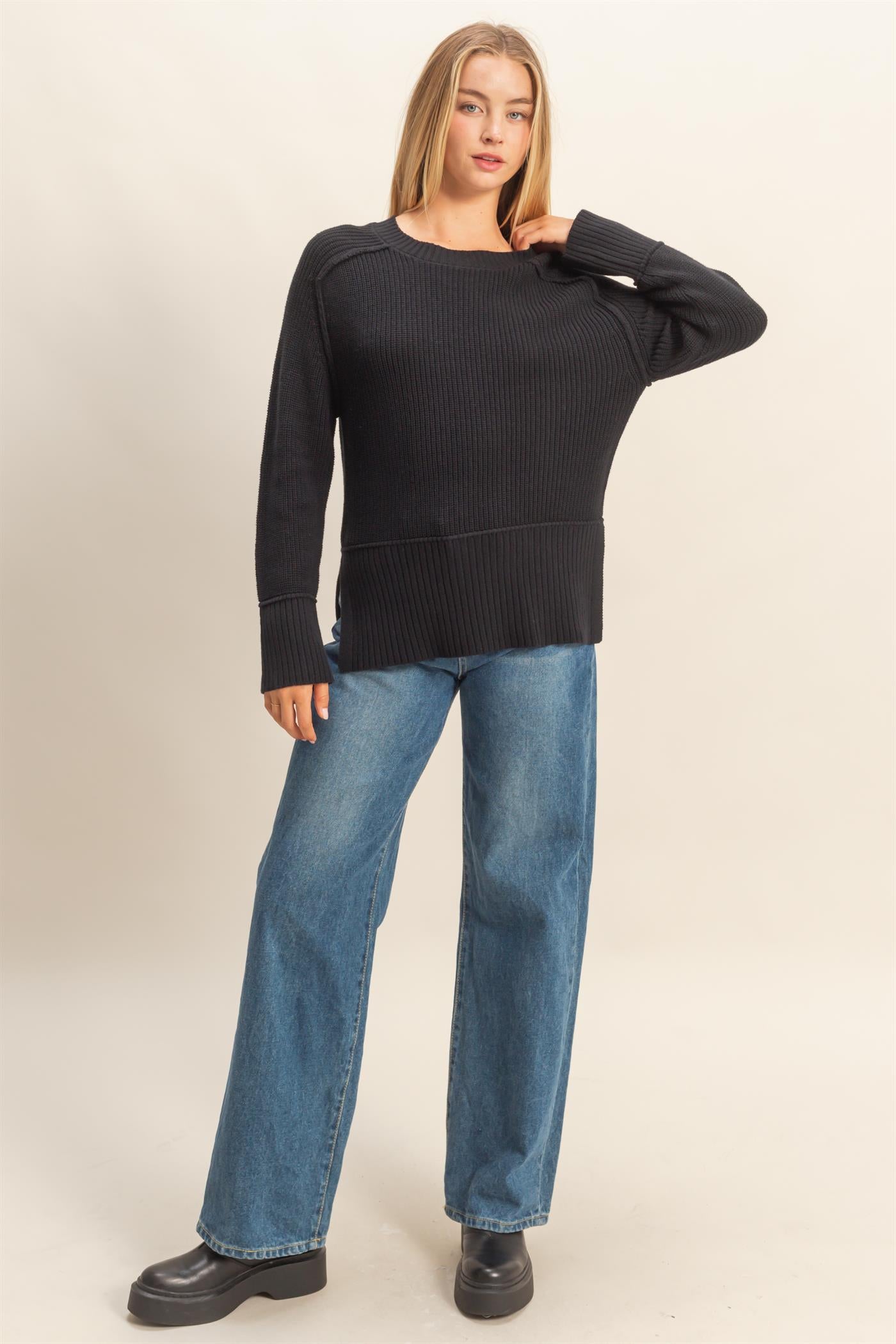 Wholesale Ragaln Long Sleeve Side Slit Sweater Sweaters DZ25E812 BLACK DOUBLE ZERO