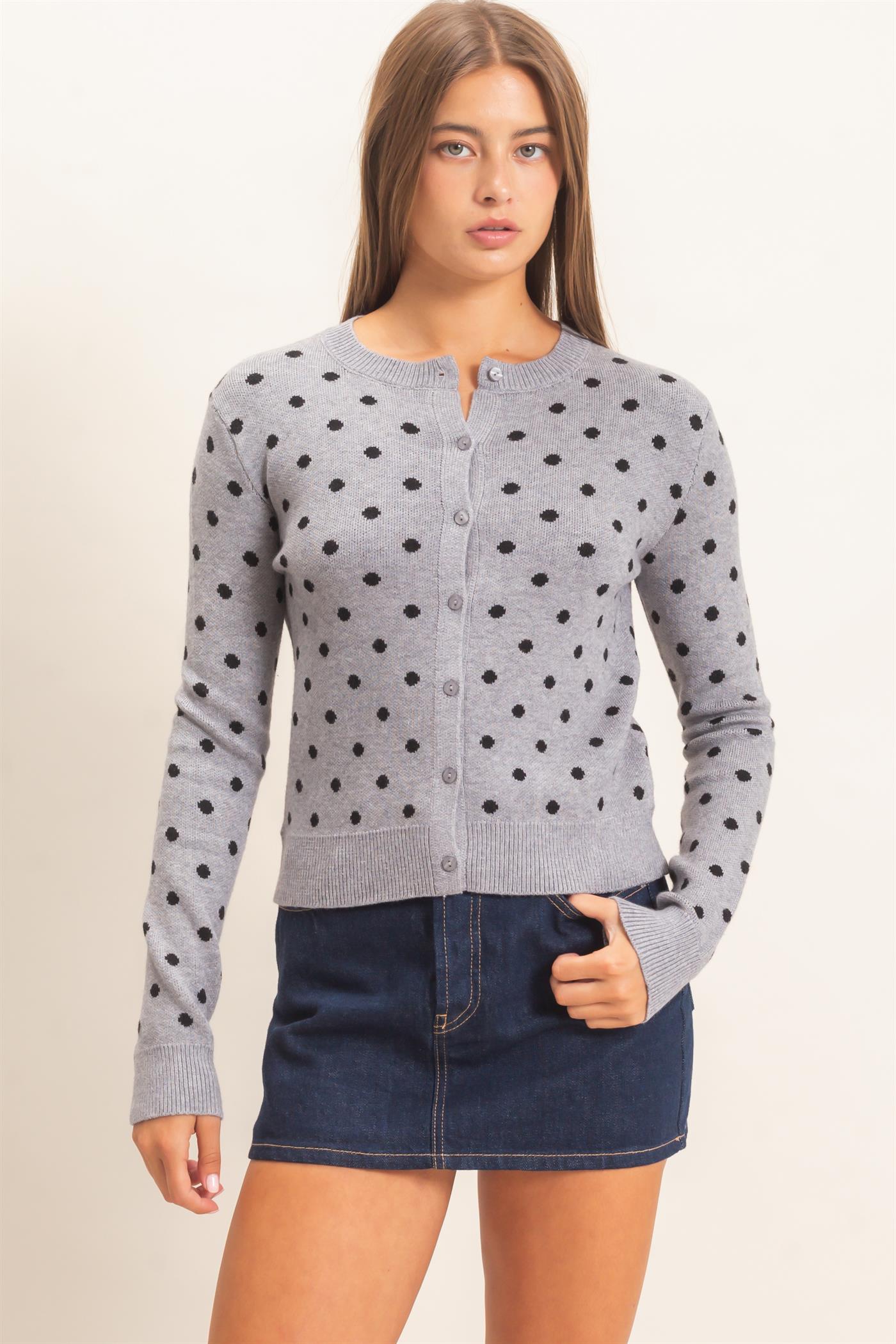 Wholesale Polka Dot Cardigan Sweaters DZ26E453 HEATHER GRAY DOUBLE ZERO