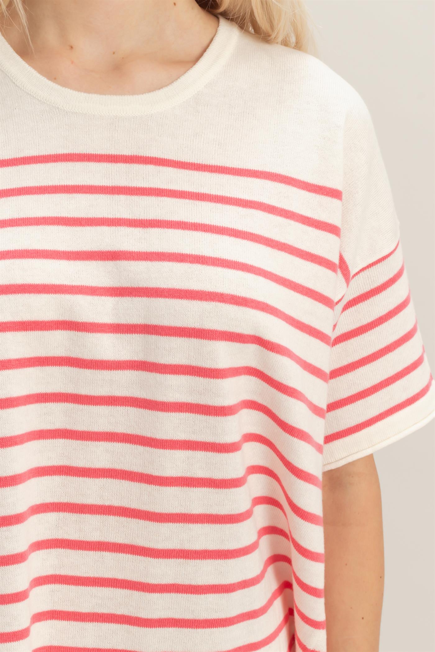 Wholesale Striped Short Sleeve Knit Top Clothing Tops DZ26A838 PINK DOUBLE ZERO