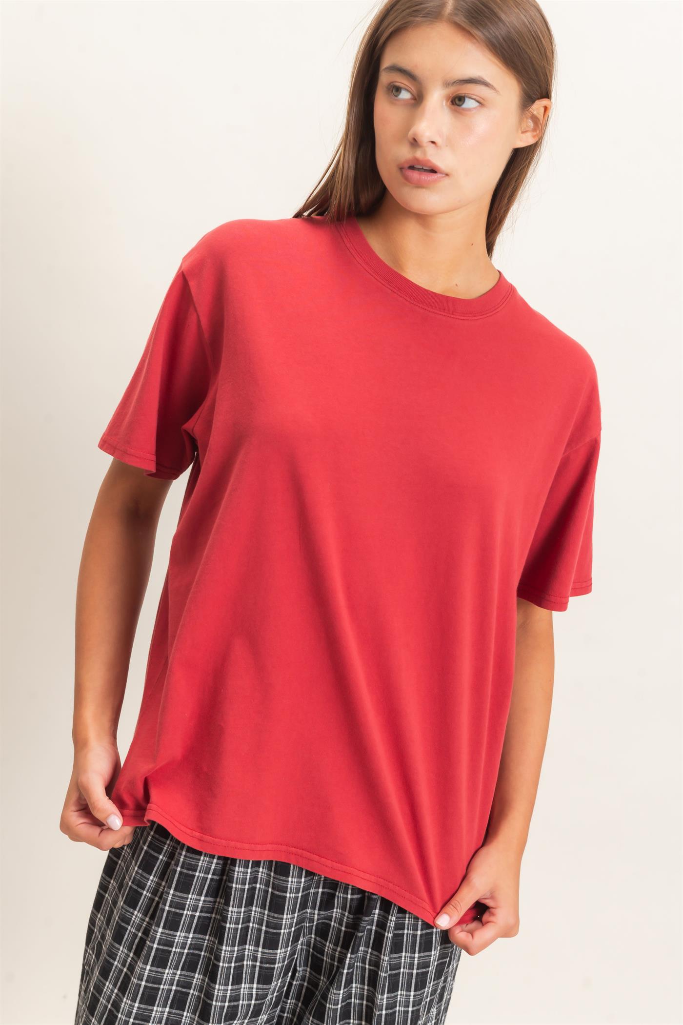 Wholesale Crew Neck Pigment Dye T-Shirt Clothing Tops DZ26E448 DARK RED DOUBLE ZERO