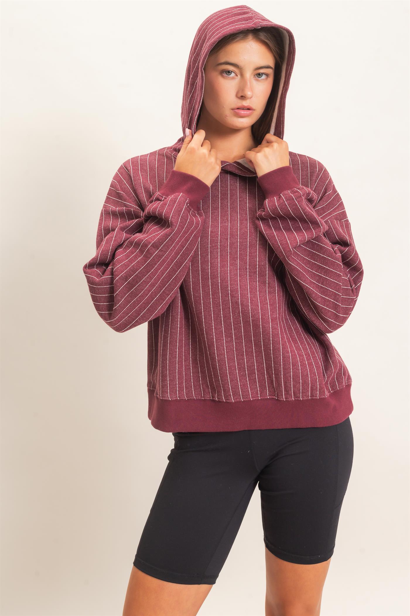 Wholesale Pinstripe French Terry Hoodie Hoodies DZ26E625 DARK CHERRY DOUBLE ZERO