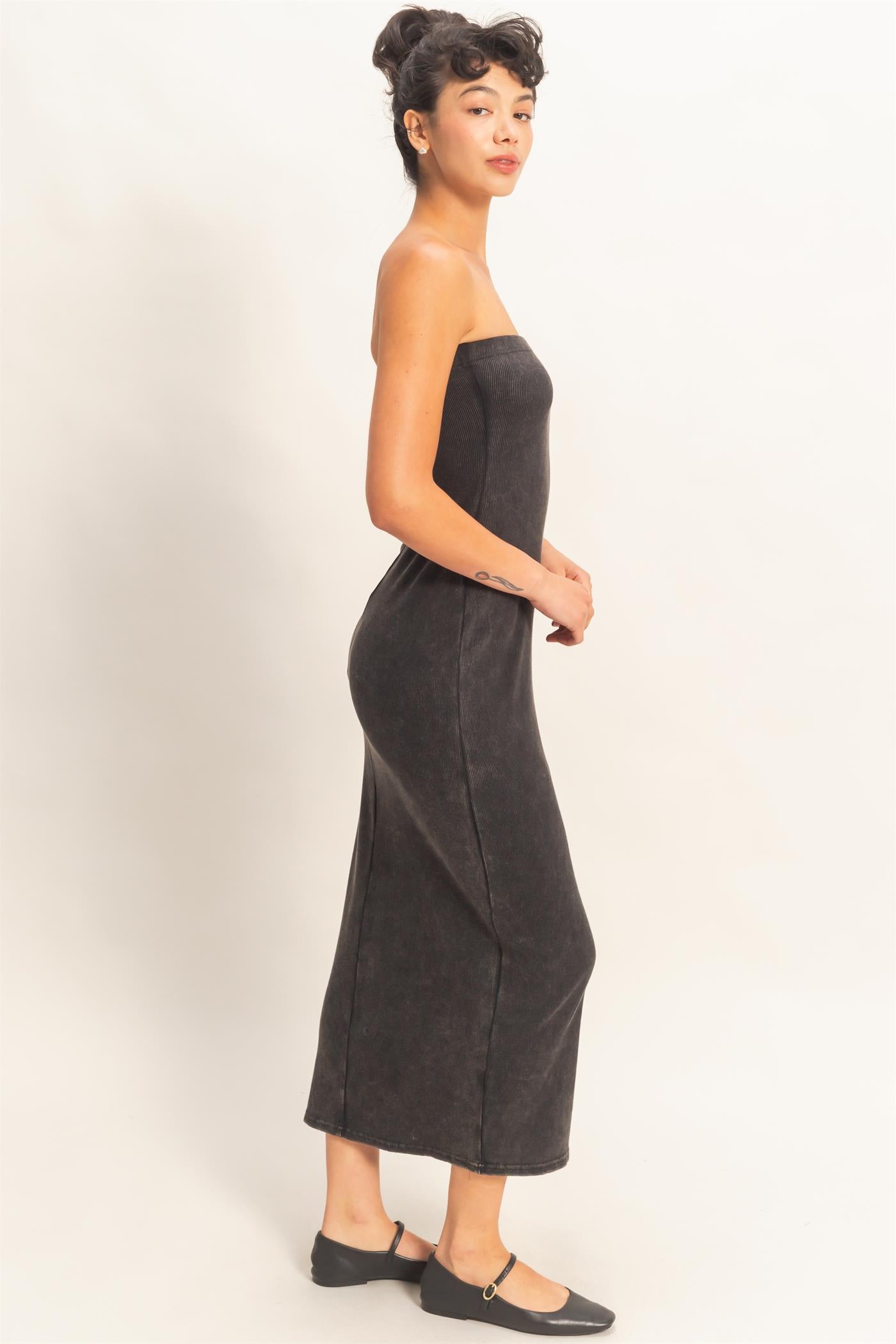 Wholesale Acid Washed Ribbed Midi Tube Dress Dresses DZ26C620 BLACK DOUBLE ZERO