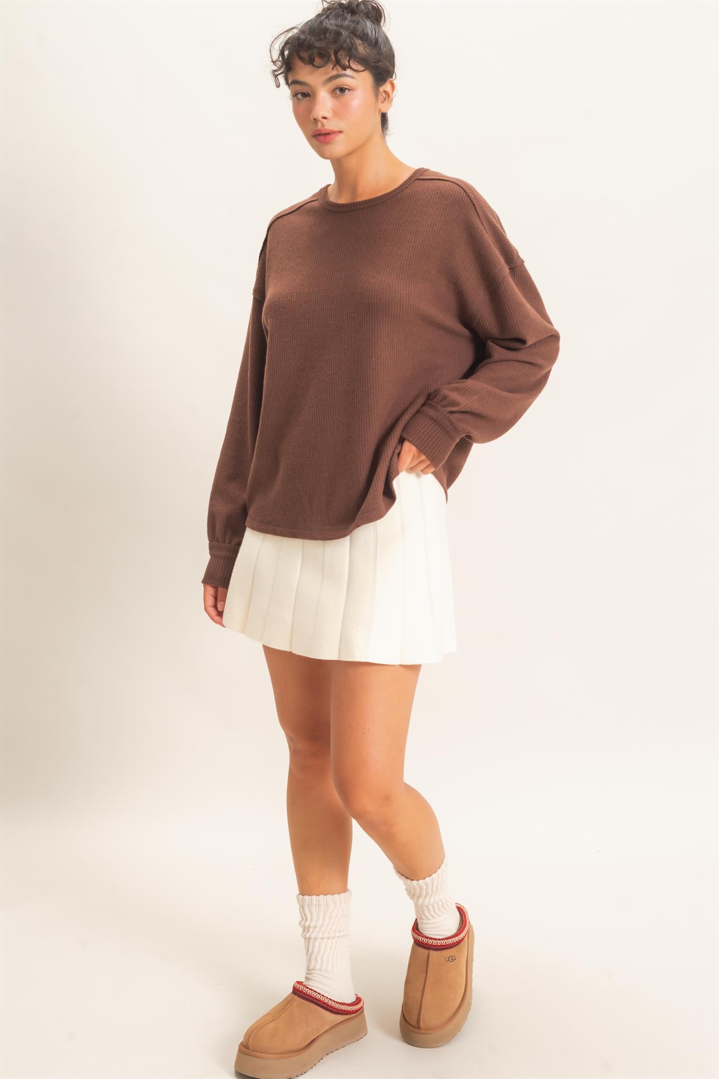 Wholesale Raw Edge Waffle Sweatshirt Sweatshirts DZ26F081 DARK BROWN HYFVE