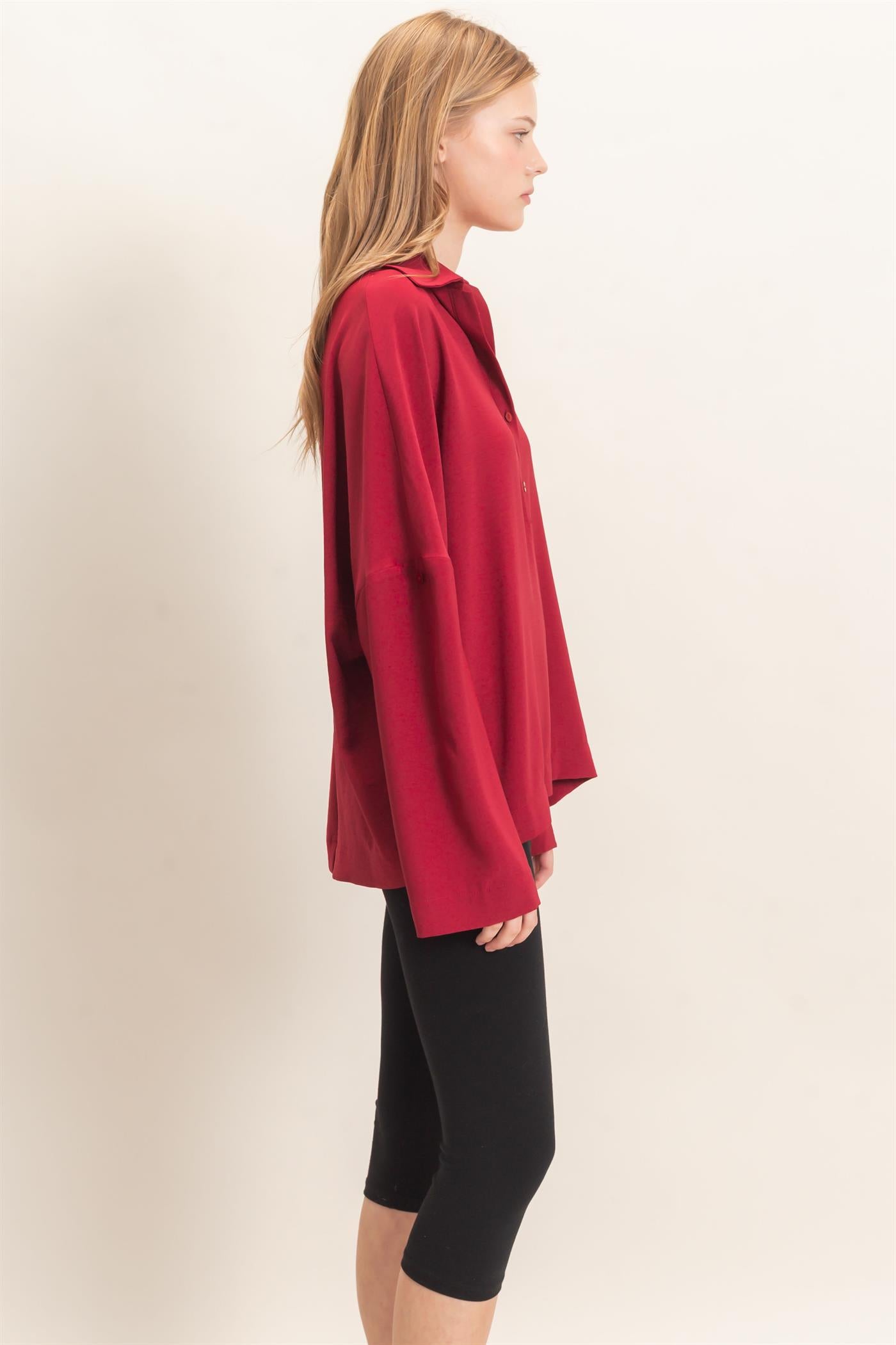 Wholesale Buttoned Collar Split Sleeve Top Clothing Tops HF26F071 BURGUNDY HYFVE