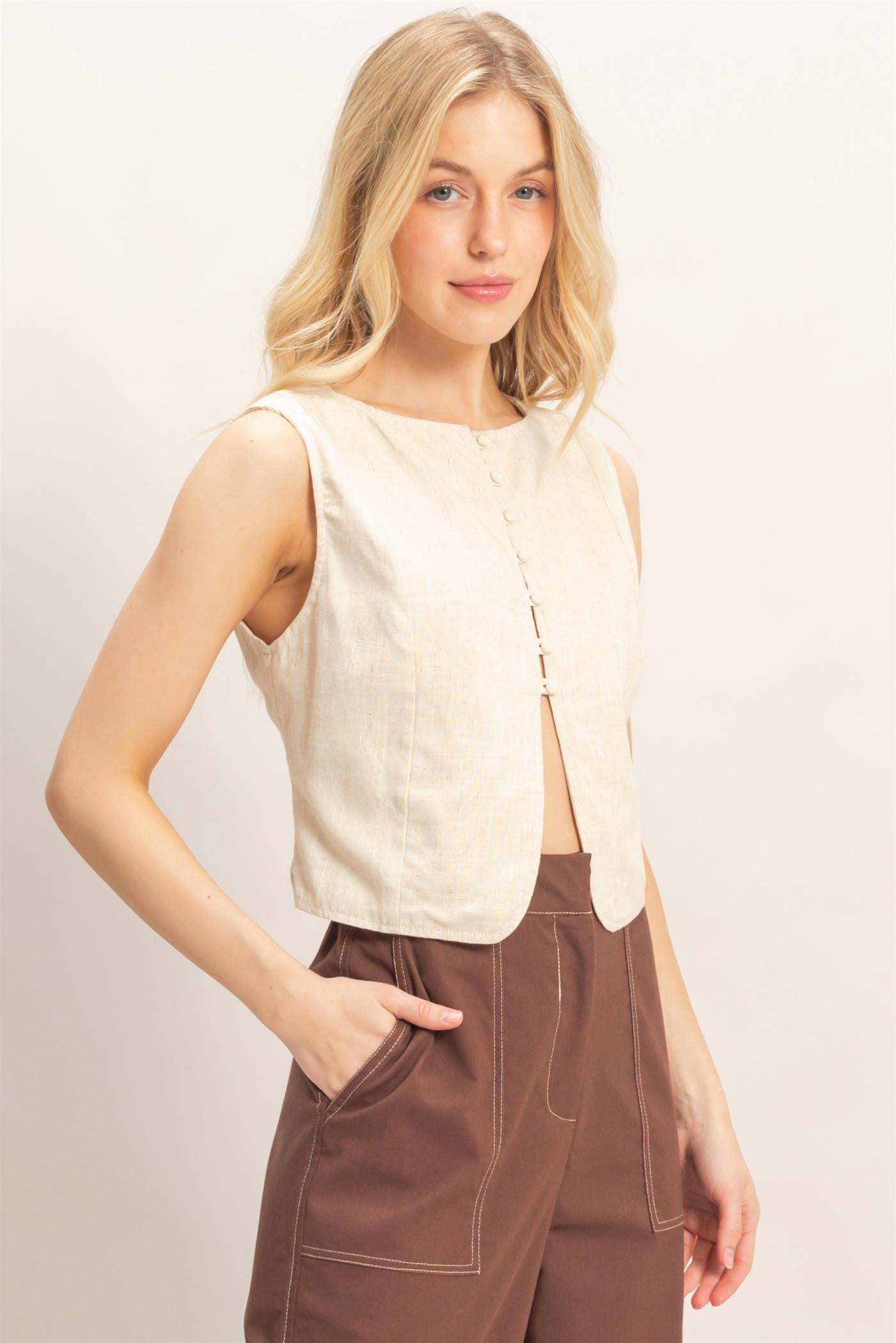 Wholesale Sleeveless Button Front Top Clothing Tops HF26A583 OATMEAL HYFVE