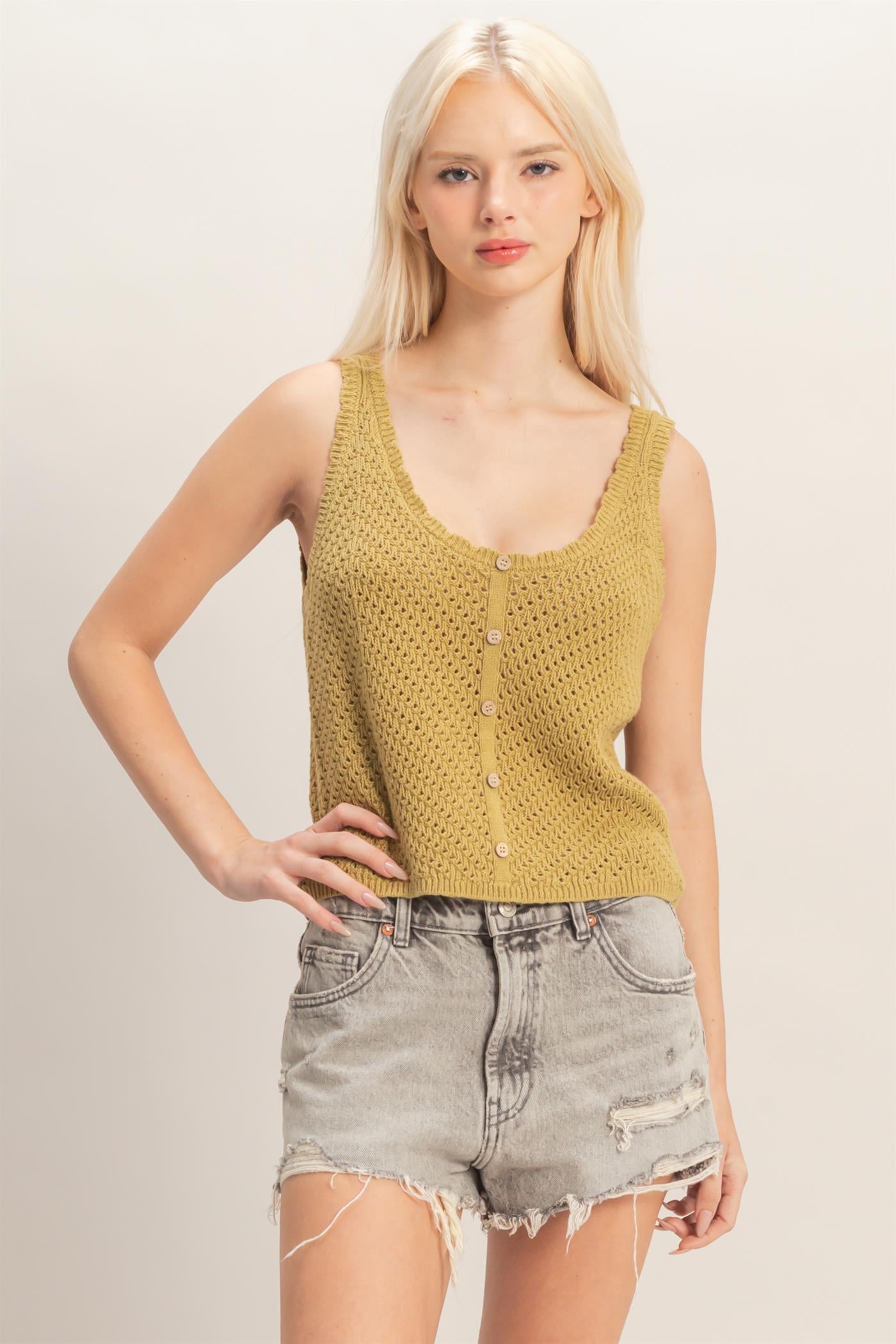 Wholesale Open Knit Scallop Edge Button Front Tank Top Tank Tops DZ26A221 OLIVE DOUBLE ZERO