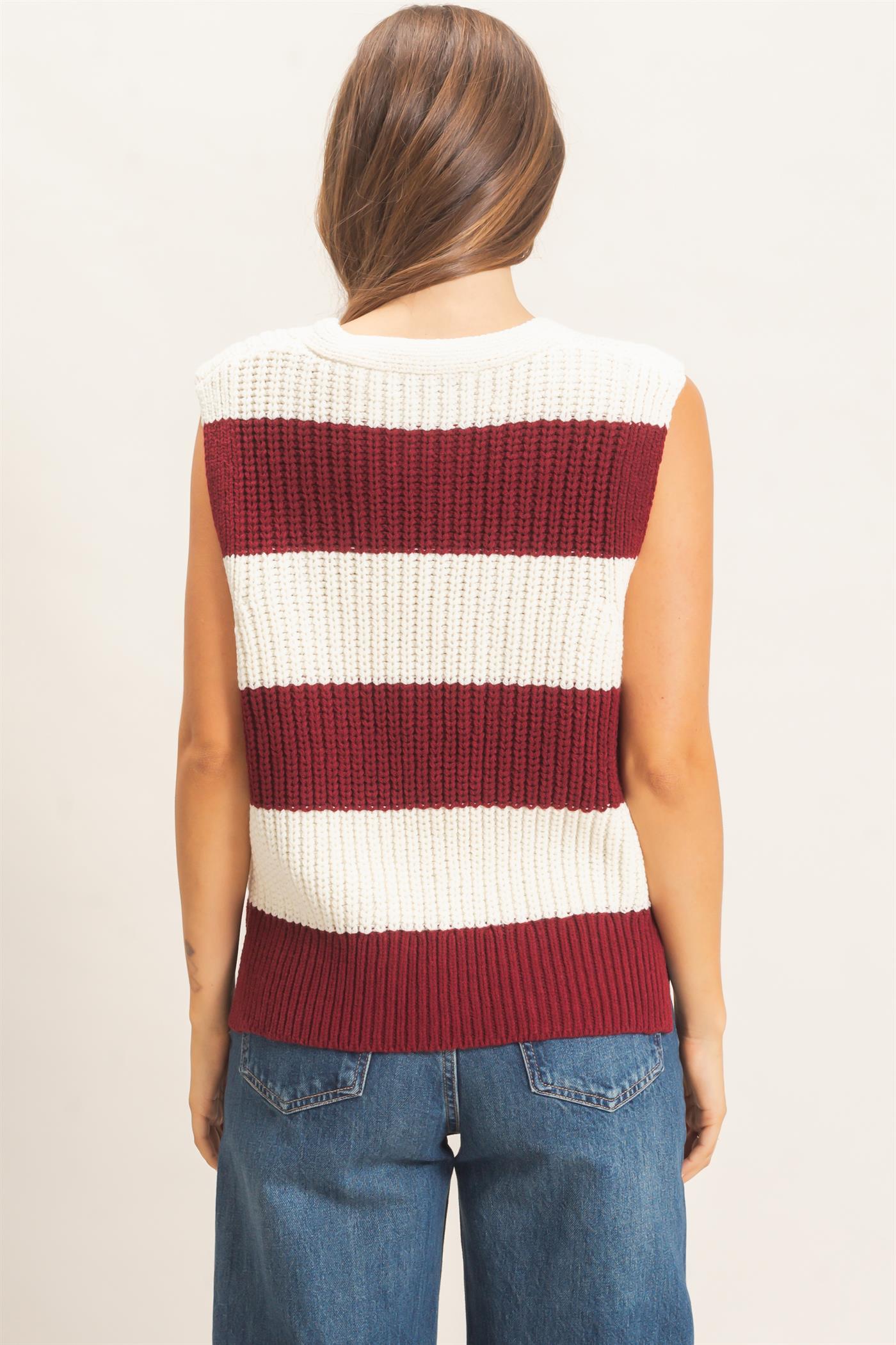 Wholesale V-Neck Striped Sweater Vest Sweaters HF26E482-D BURGUNDY HYFVE