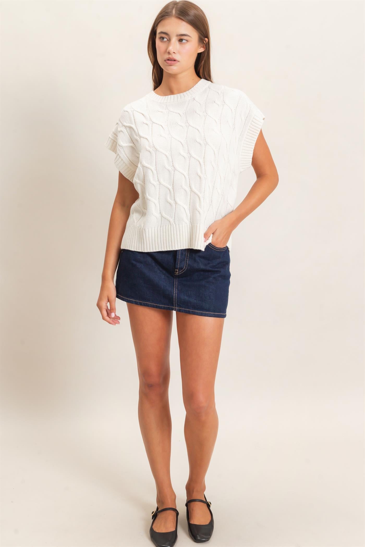 Wholesale Cable Knit Cap Sleeve Sweater Sweaters DZ26C974 CREAM DOUBLE ZERO