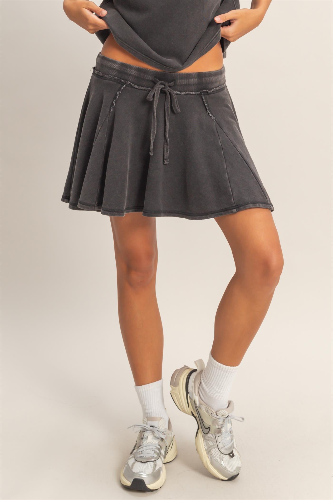 Wholesale Acid Washed Mid Wiast Flowy Skort Skorts DZ26A928 BLACK DOUBLE ZERO