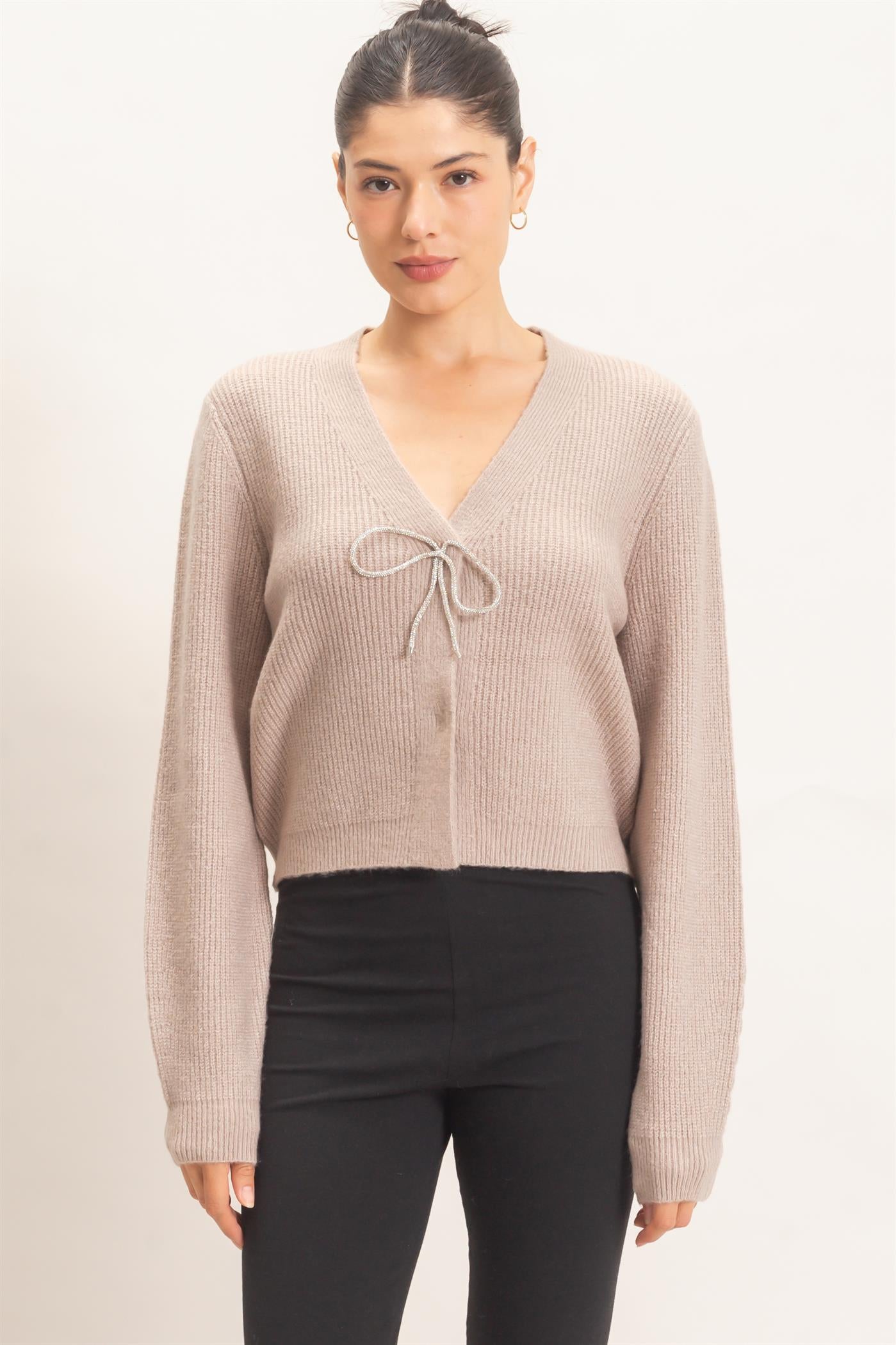 Wholesale Rhinestone Bow Tie-Front Sweater Cardigans HF26F183-D L.MOCHA HYFVE