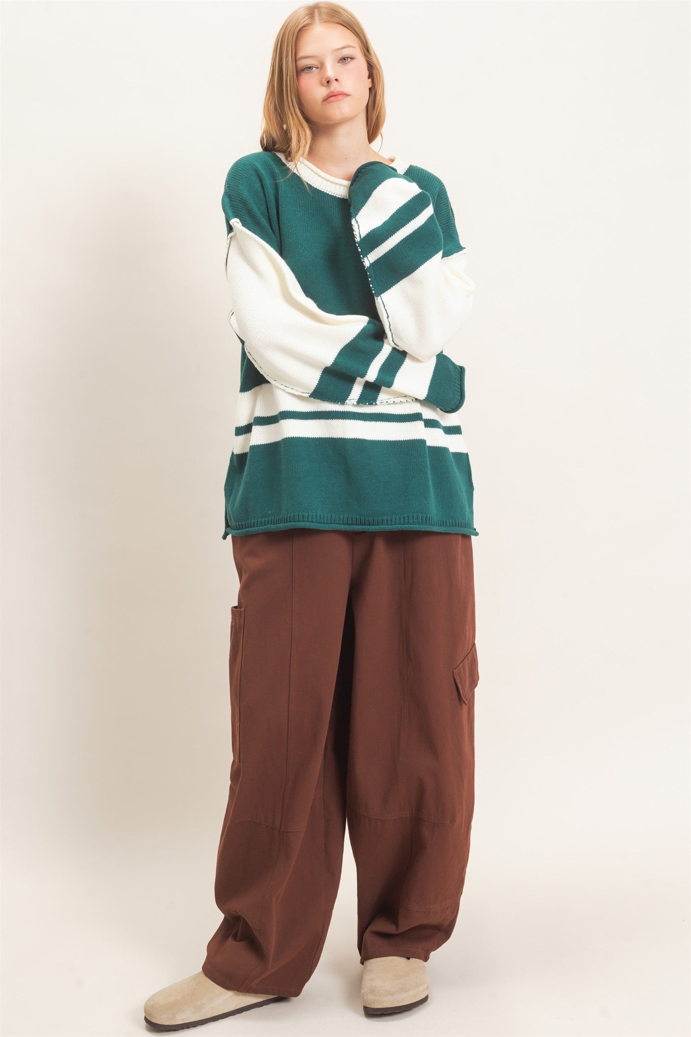 Wholesale Striped Crew Neck Sweater Sweaters HF26E793 TEAL GREEN HYFVE