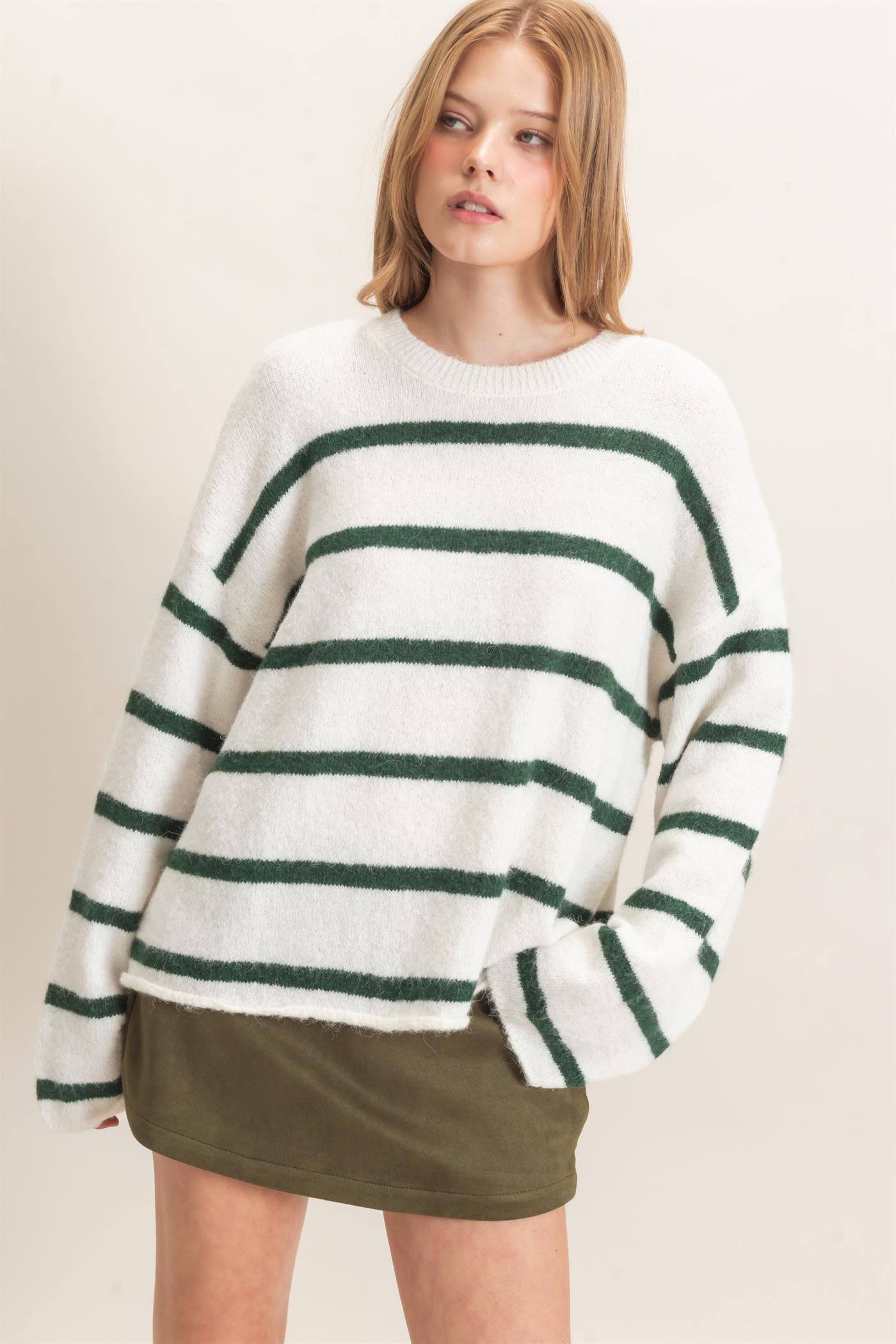 Wholesale Striped Crew Neck Sweater Sweaters HF26E894 HUNTER GREEN HYFVE