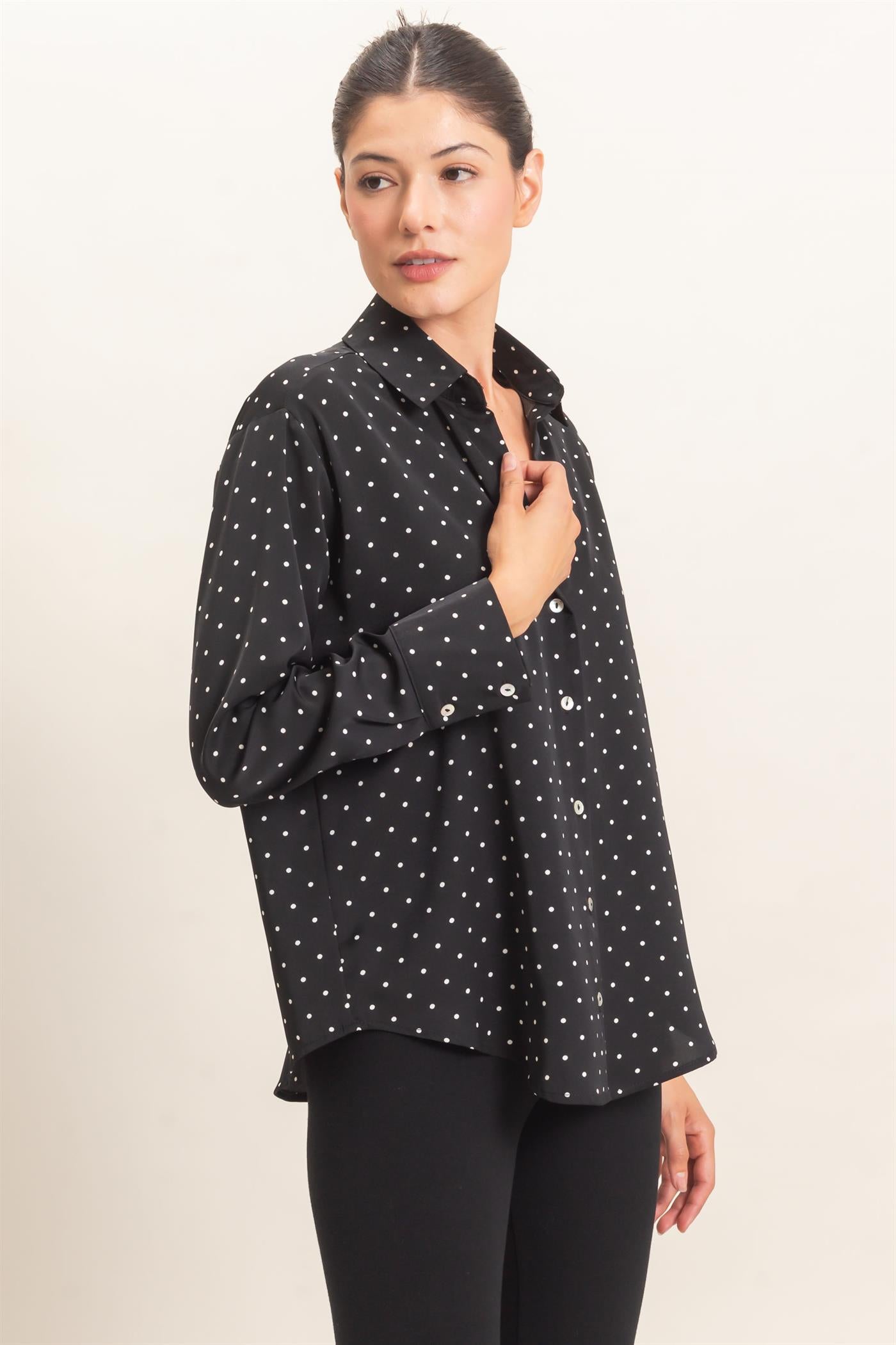 Wholesale Button-Up Polka Dot Shirt Shirts HF26F401 BLACK HYFVE