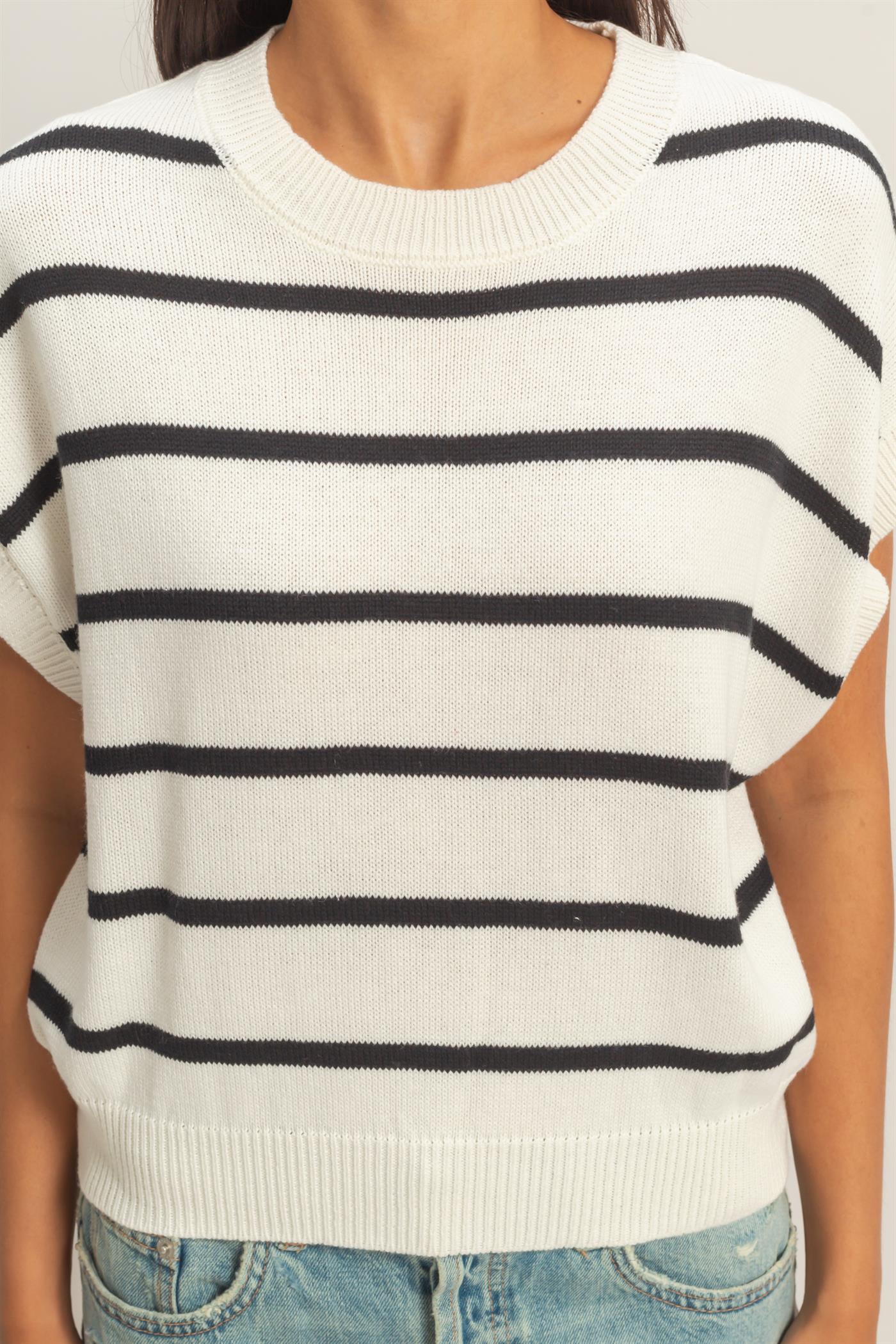 Wholesale Striped Crew Neck Knit Top Clothing Tops DZ26A740 BLACK DOUBLE ZERO