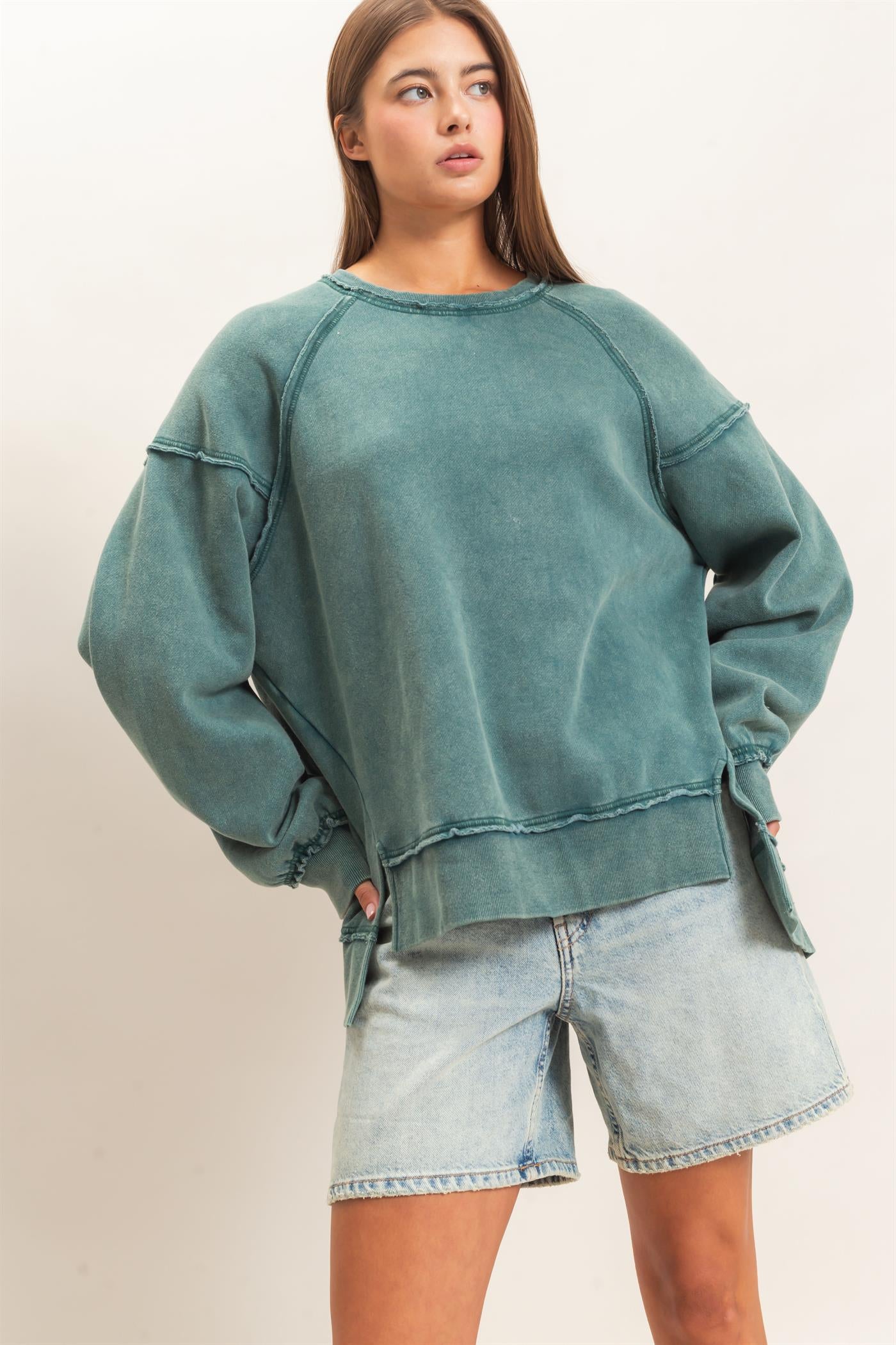 Wholesale Acid Wash Raw Edge Sweatshirt Sweatshirts DZ26C910 DARK TEAL DOUBLE ZERO