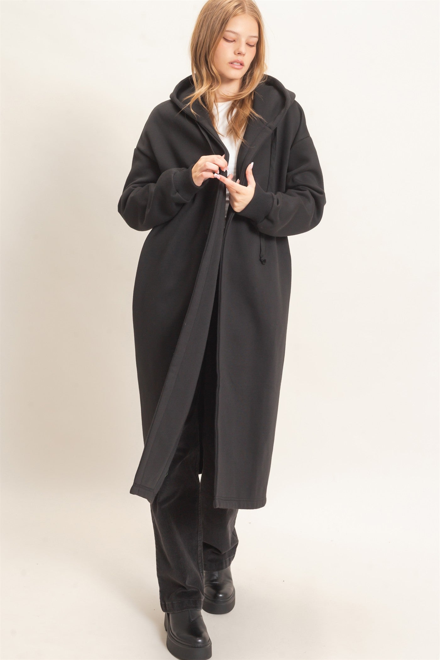 Wholesale Oversized Hooded Open Front Coat Coats & Jackets HF26F142-D BLACK HYFVE