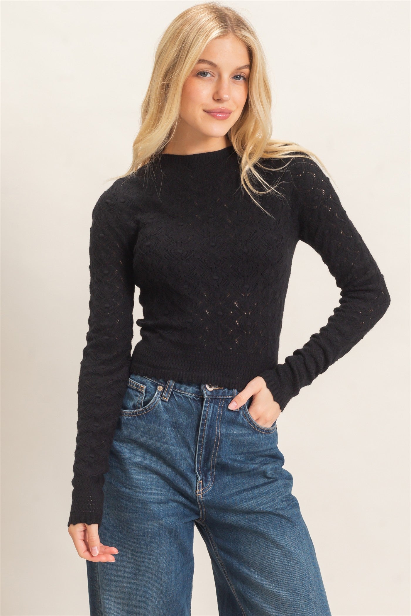 Wholesale Crochet Scalloped Hem Sweater Sweaters HF26F195 BLACK HYFVE