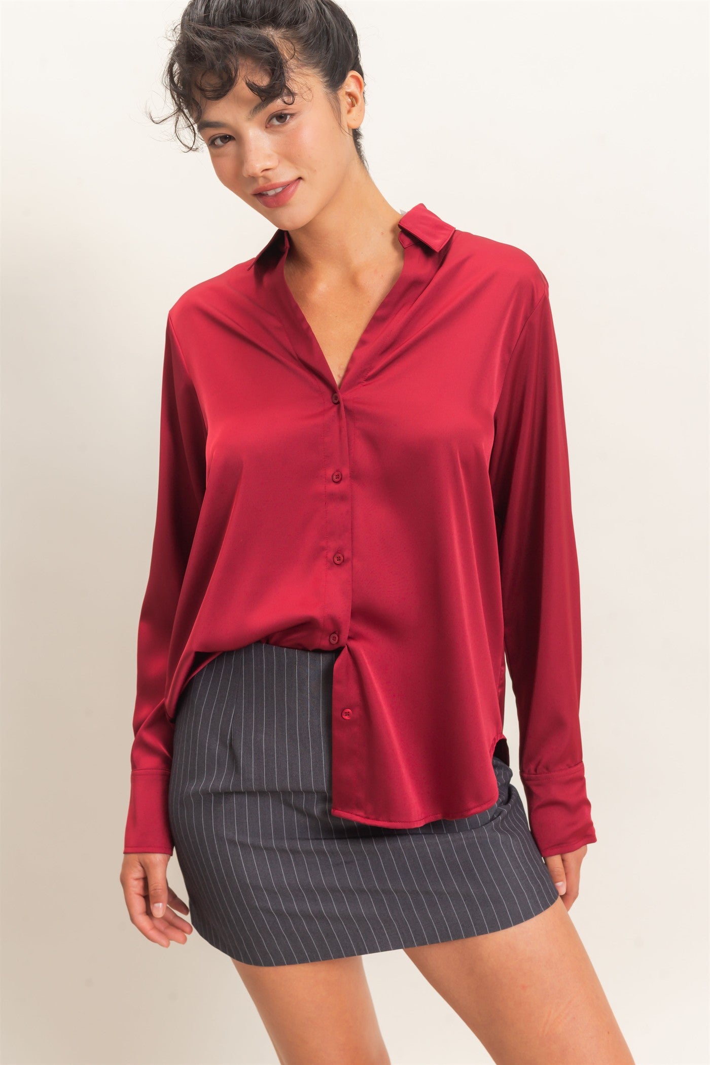 Wholesale Satin Button-Down Shirts Shirts DZ26E265 BURGUNDY DOUBLE ZERO