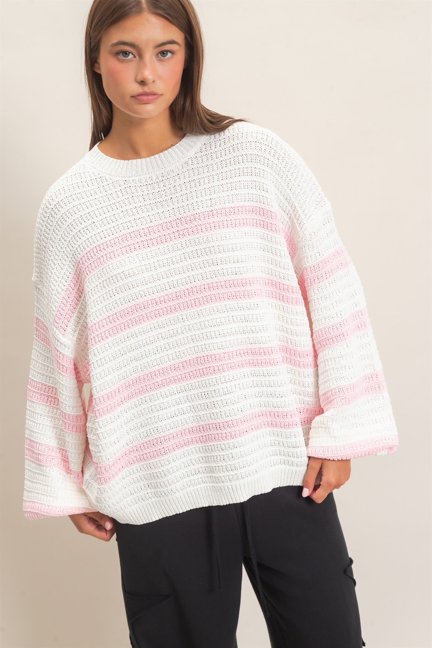 Wholesale Striped Oversized Sweater Sweaters DZ27A192 PINK DOUBLE ZERO