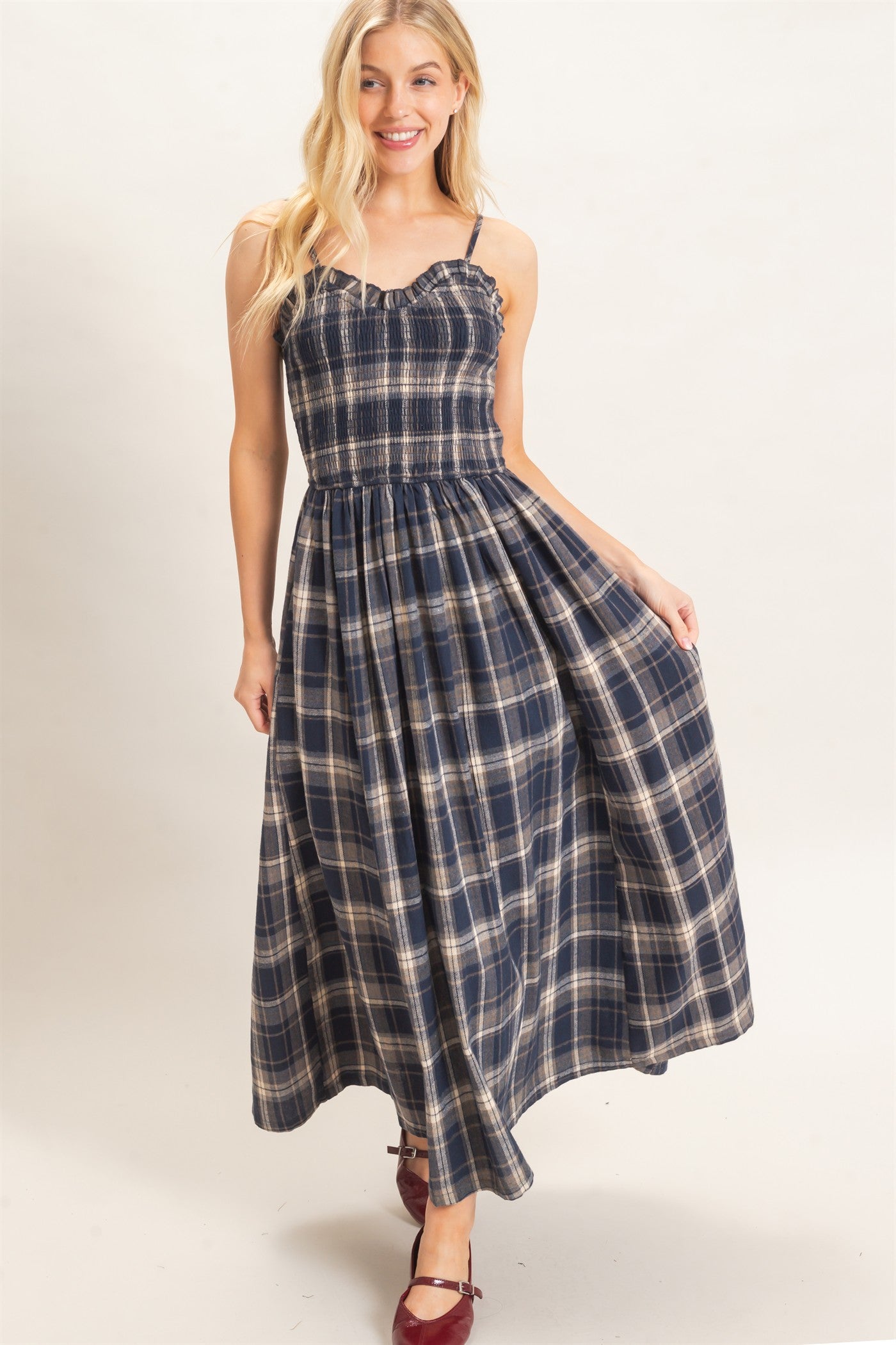 Wholesale Plaid Smocked Maxi Dress Dresses HF26C898 NAVY HYFVE