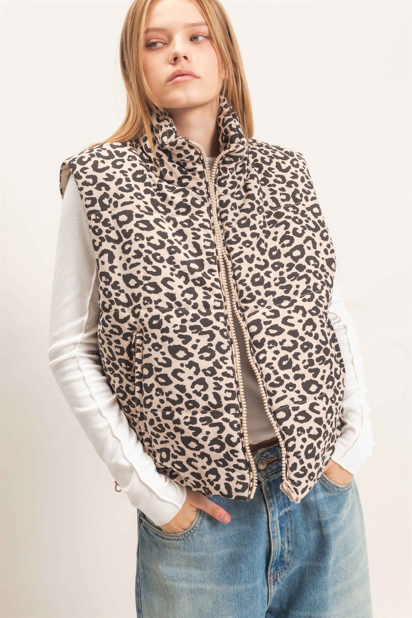 Wholesale Leopard Quilted Zip Up Puffer Vest Outerwear HF26F205 KHAKI HYFVE