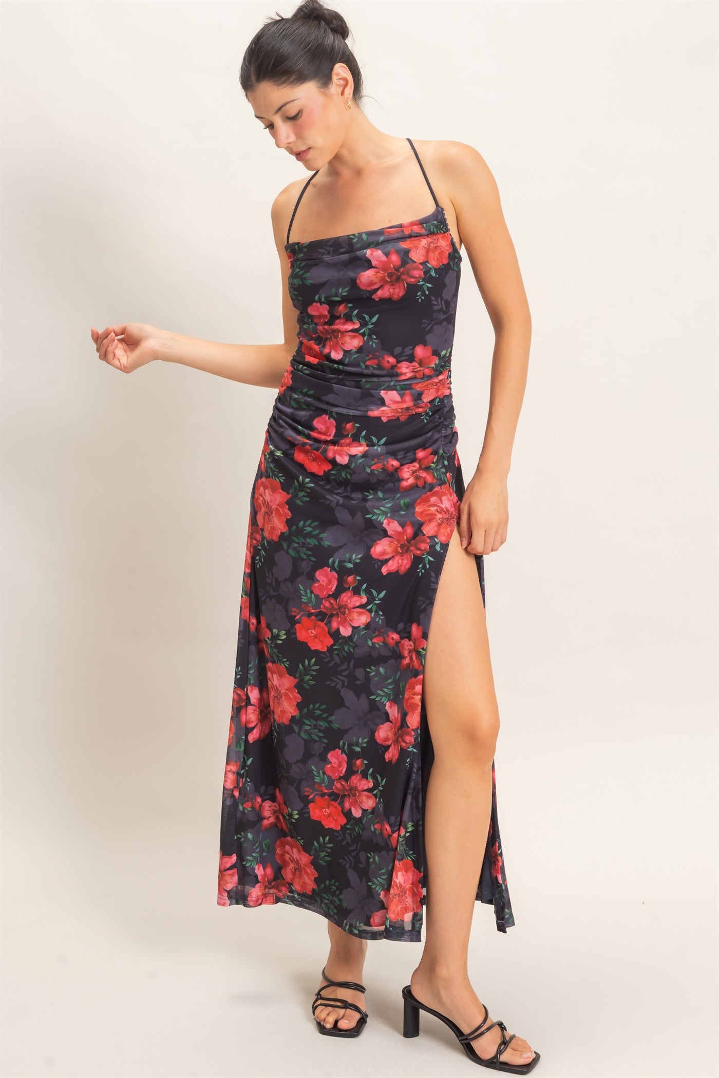Wholesale Floral Print Spaghetti Strap Dress Dresses HF26E440 BLACK HYFVE