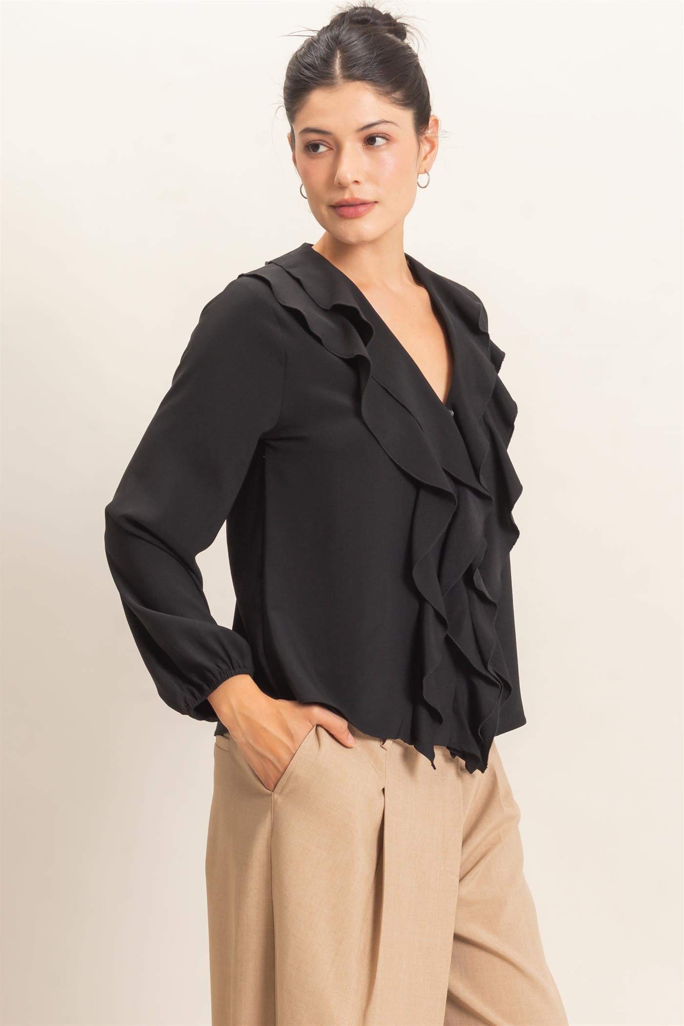 Wholesale Ruffled V-Neck Button-Up Blouse Blouses HF26C739 BLACK HYFVE