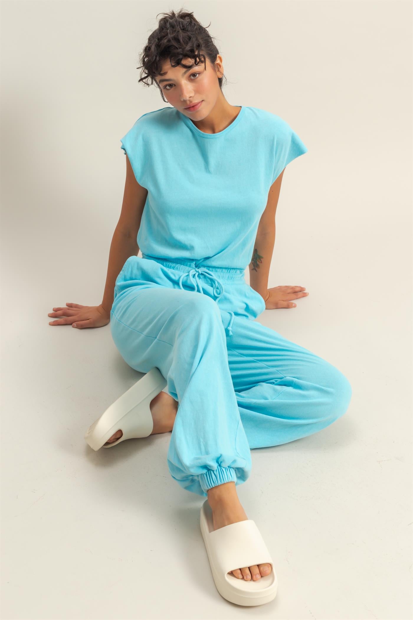 Wholesale Short Sleeve Casual Jumpsuit Clothing DZ24C619 AQUA BLUE DOUBLE ZERO