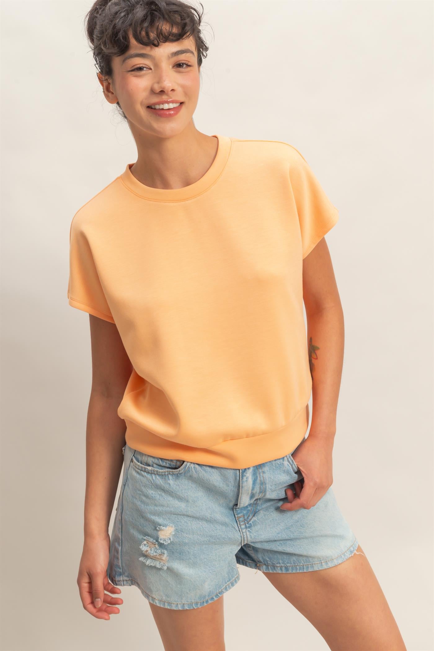 Wholesale Crew Neck Short Dolman Sleeve Top Clothing Tops DZ26C205 APRICOT DOUBLE ZERO