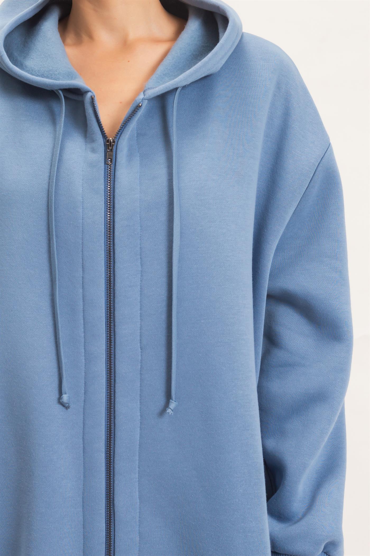 Wholesale Oversized Longline Zip-Up Hoodie Jacket Outerwear HF26E650 DENIM BLUE HYFVE