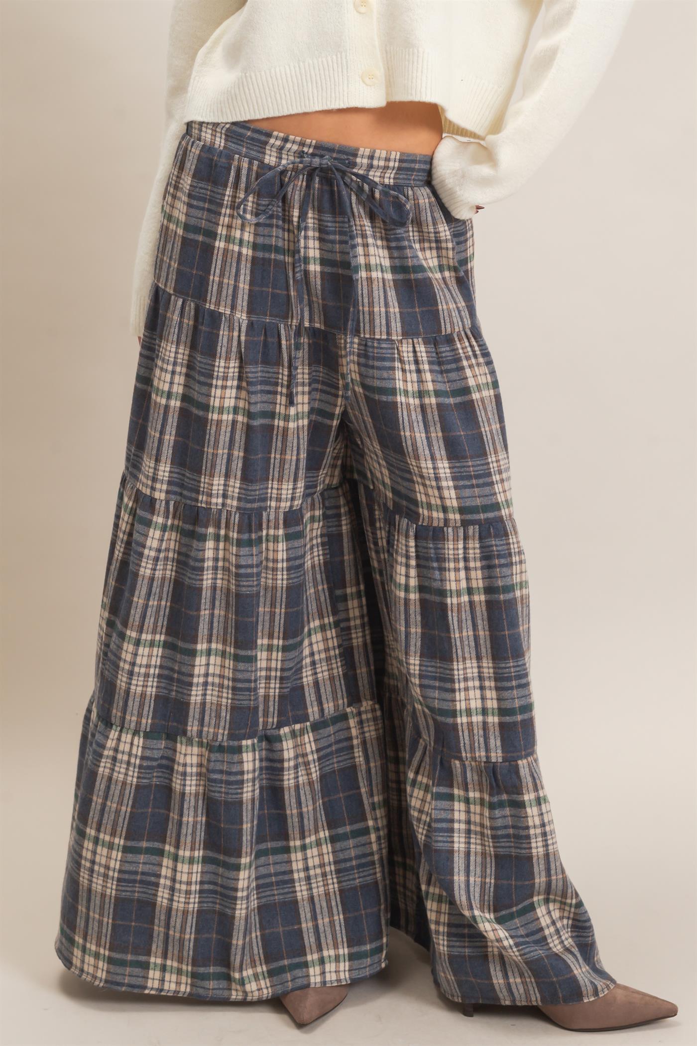 Wholesale Tiered Plaid Wide-Leg Pants Pants HF26E042 BLUE HYFVE