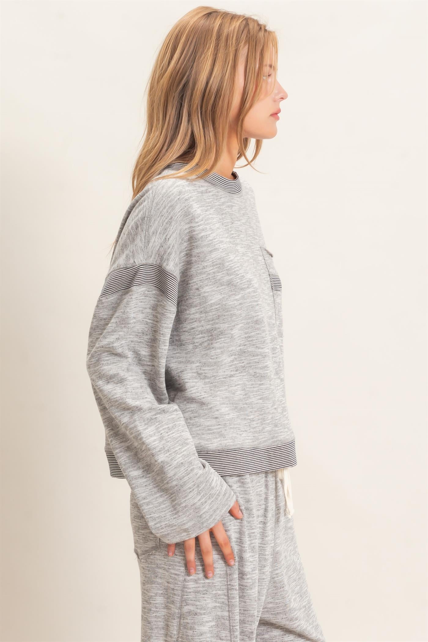 Wholesale Striped Trim Pocket Sweatshirt Sweatshirts HF26E557 HEATHER GRAY HYFVE