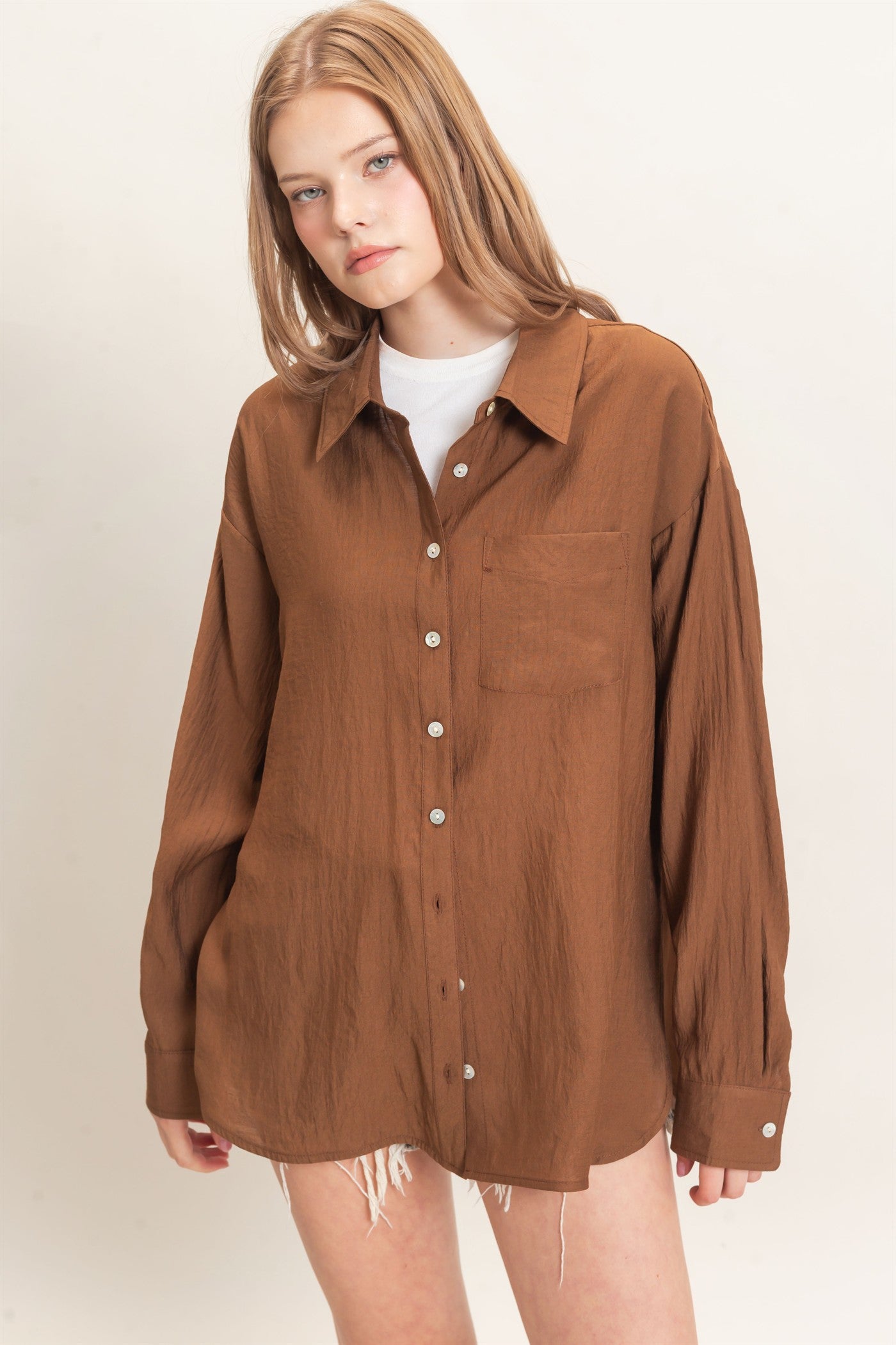 Wholesale Crinkled Button-Up Shirt Clothing Tops HF26E691 BROWN HYFVE