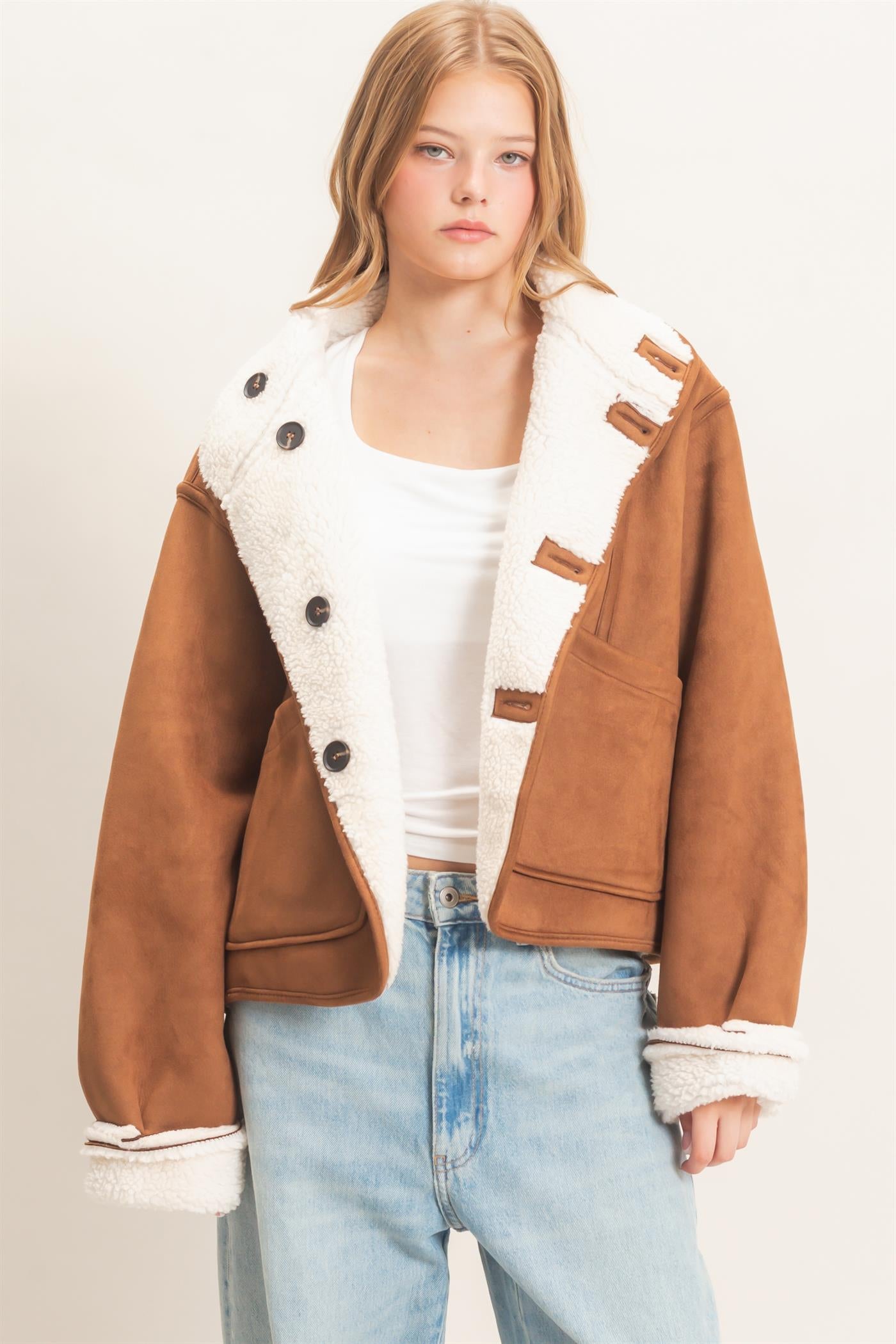 Wholesale Reversible Faux Suede & Sherpa Jacket Coats & Jackets HF26E718 CAMEL HYFVE