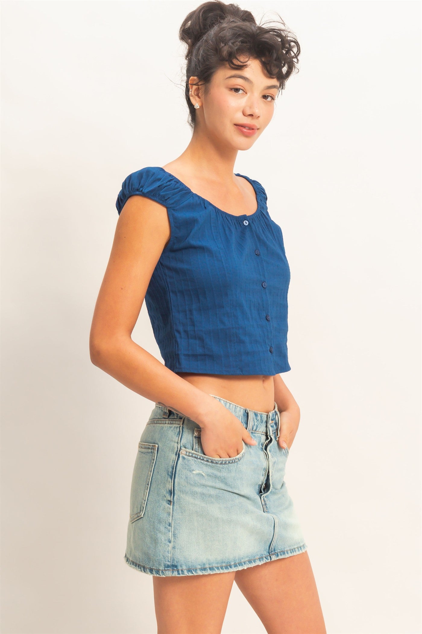 Wholesale Button Front Scoop Neck Cap Sleeve Top Blouses DZ26C199 NAVY DOUBLE ZERO