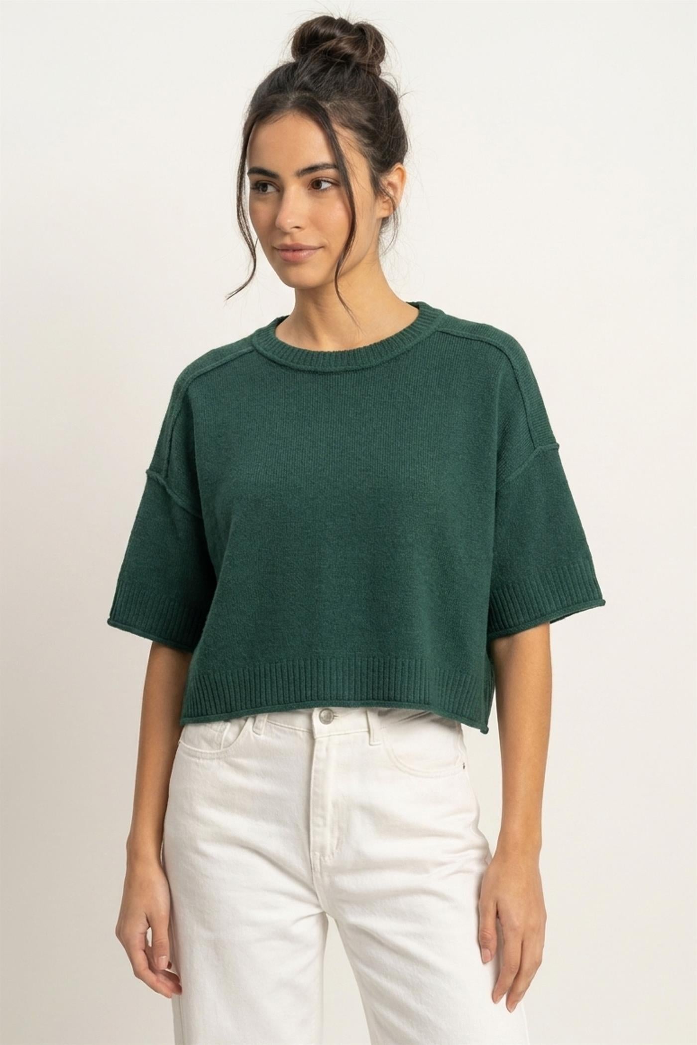 Wholesale Seam Detail Short Sleeve Knit Top Clothing Tops DZ26A827 DARK GREEN DOUBLE ZERO