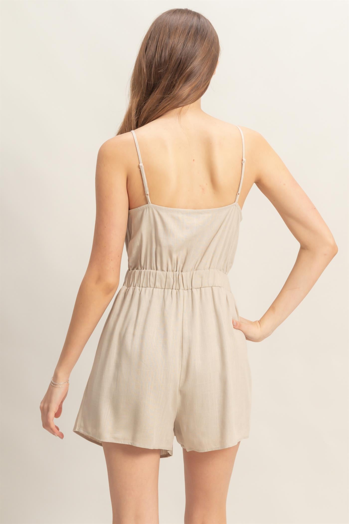 Wholesale Plunging V-Neck Cutout Linen Romper Clothing HF25A248 TAUPE HYFVE