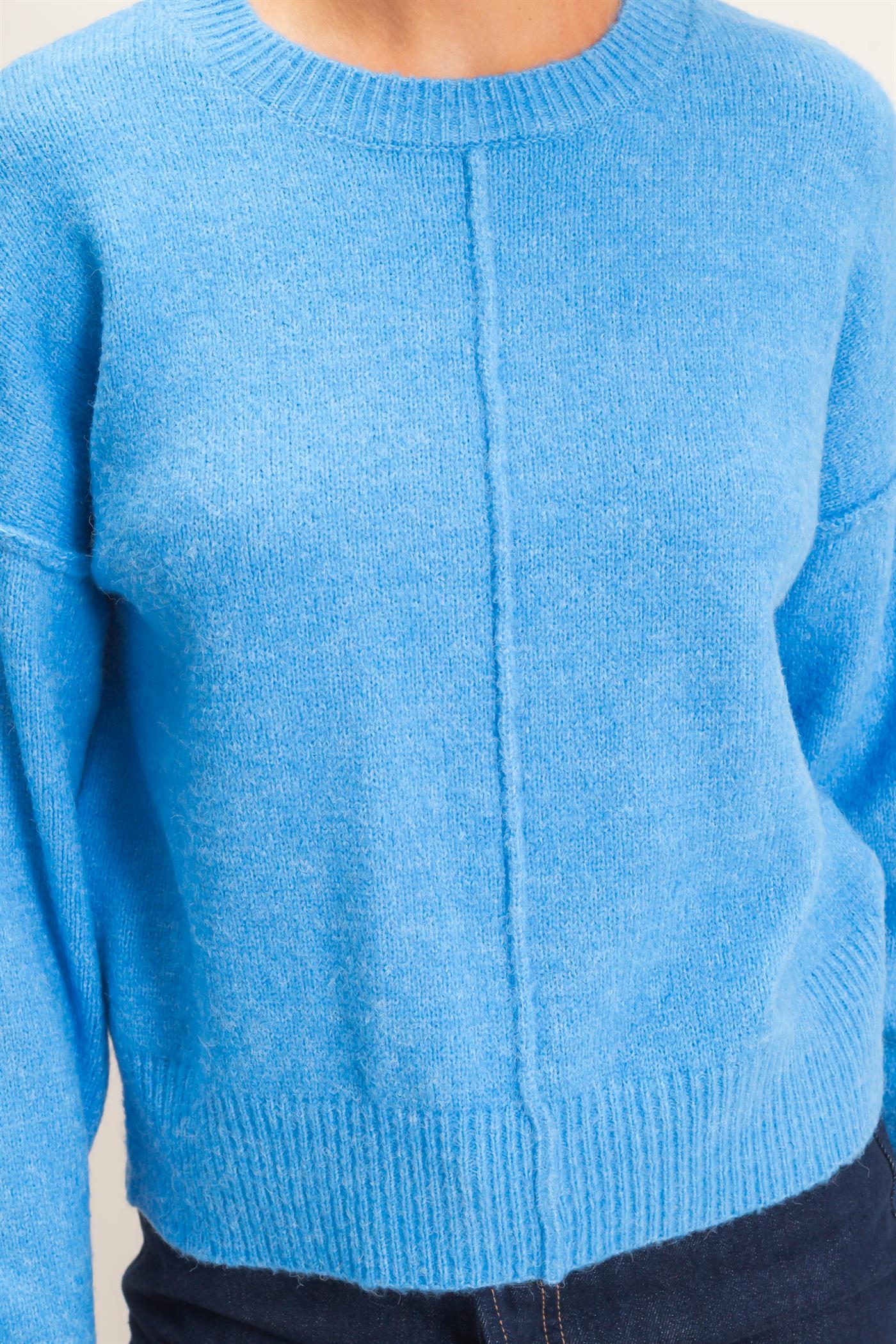 Wholesale Crew Neck Seam Detail Sweater Sweaters DZ26E240 BLUE DOUBLE ZERO