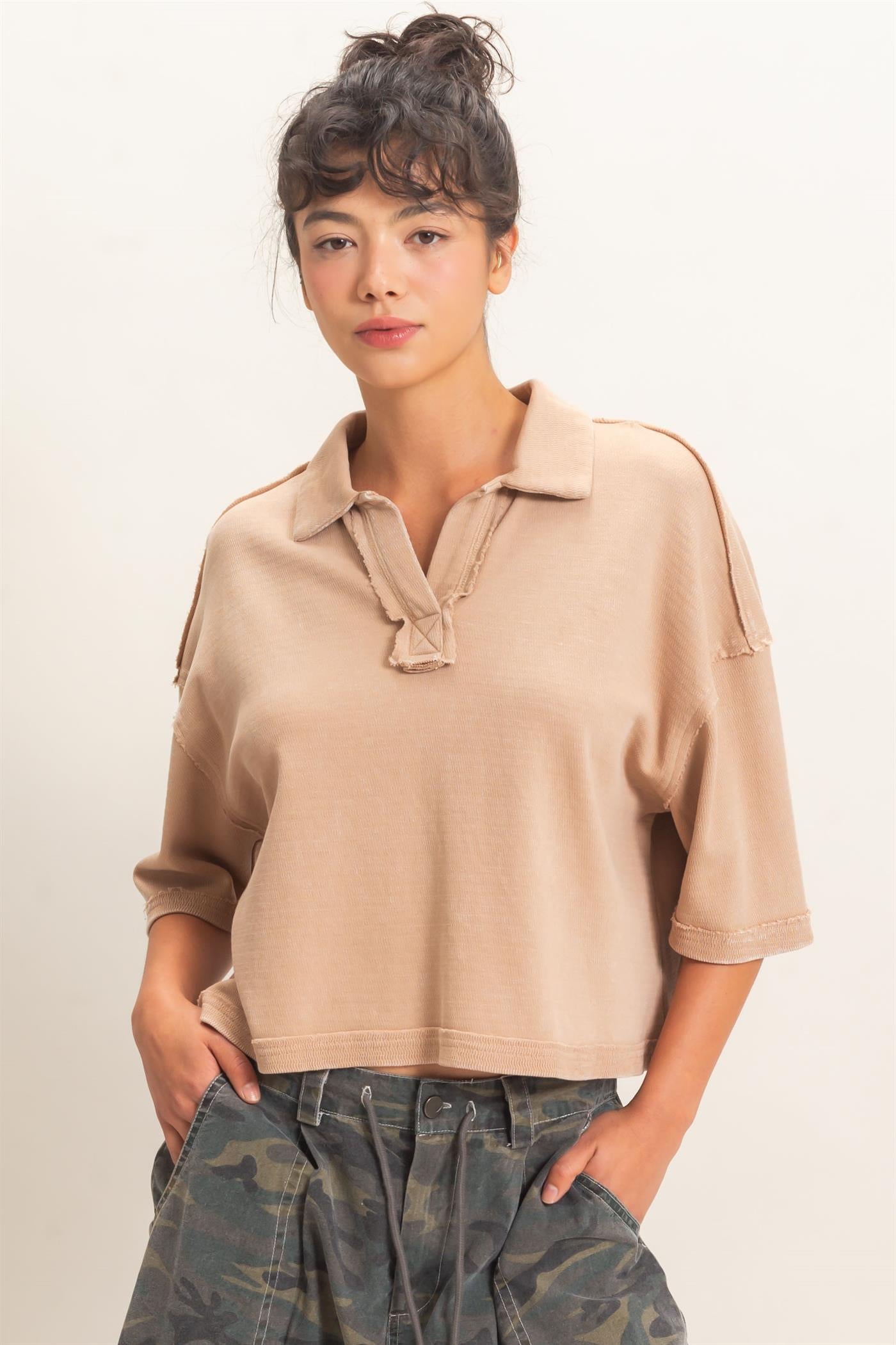 Wholesale Mineral Wash Oversized Collar Short Sleeve Top Clothing Tops DZ26E813 DARK TAUPE DOUBLE ZERO