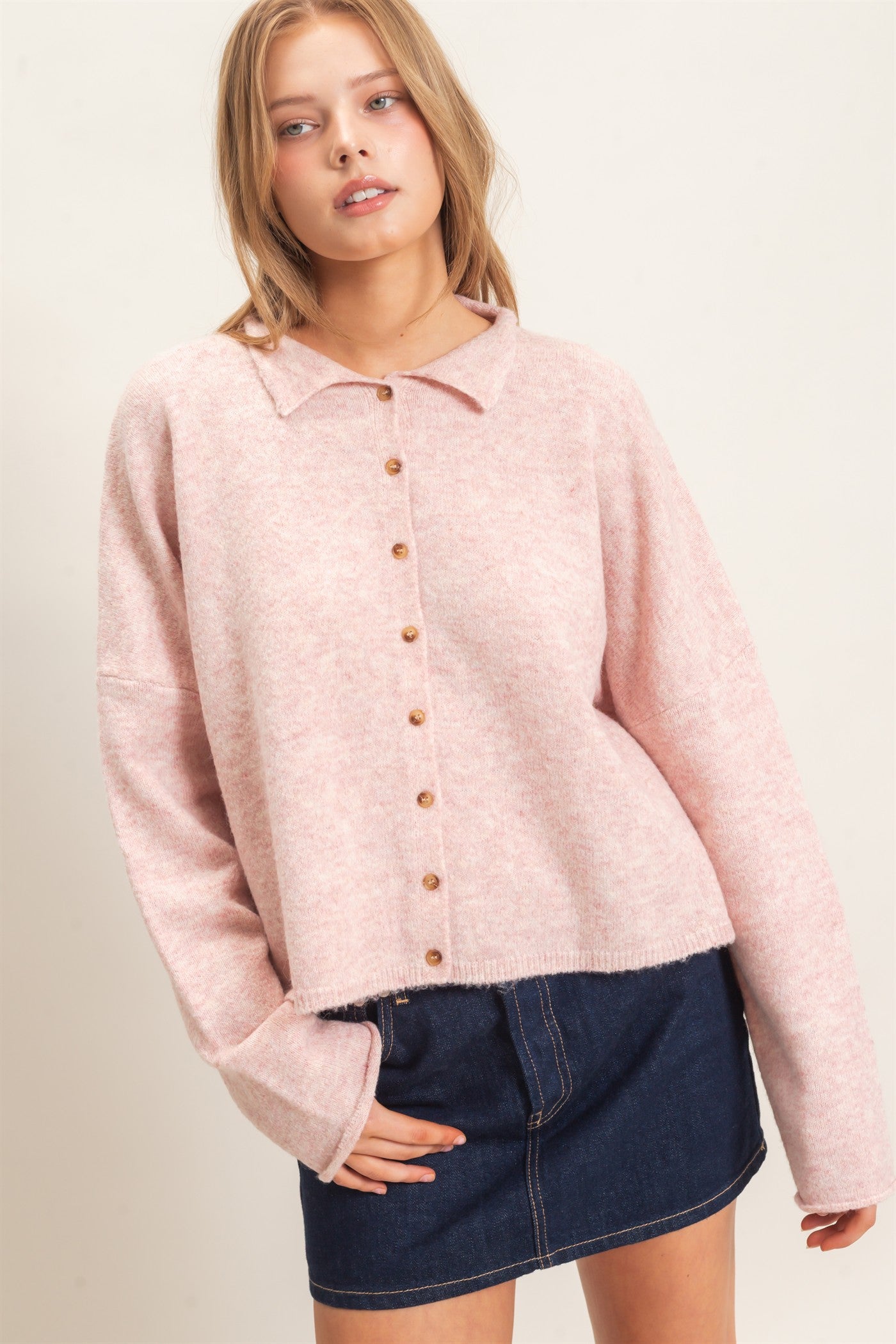 Wholesale Button-Up Collared Sweater Cardigan Cardigans HF26E039 LIGHT PINK HYFVE